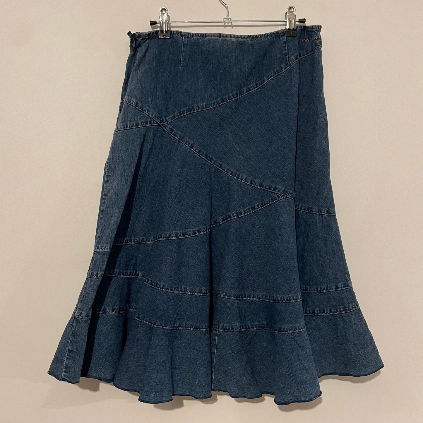 Denim Skirt Mid Length DKNY Jeans Panelled Flared. Size 10