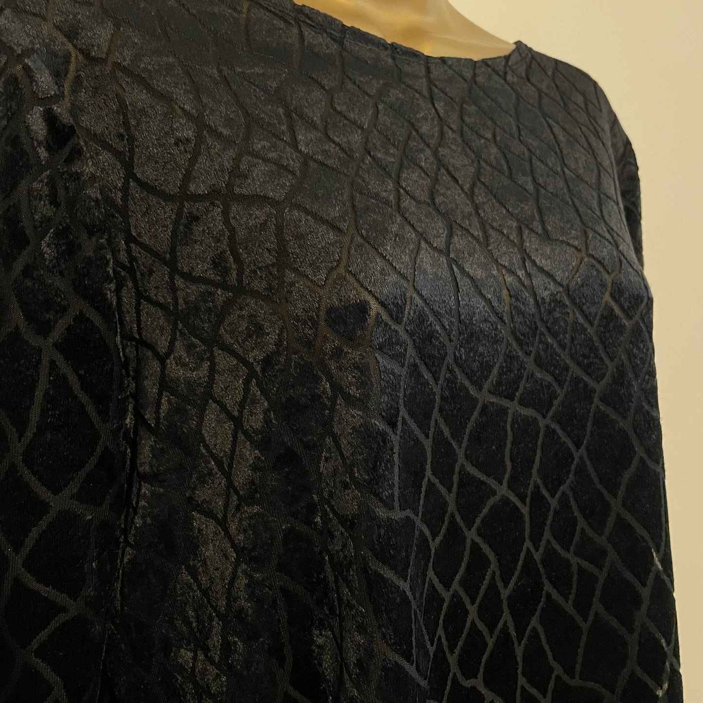 Dress Vintage Black Mini Dress with Sheer Diamond Velvet Pattern