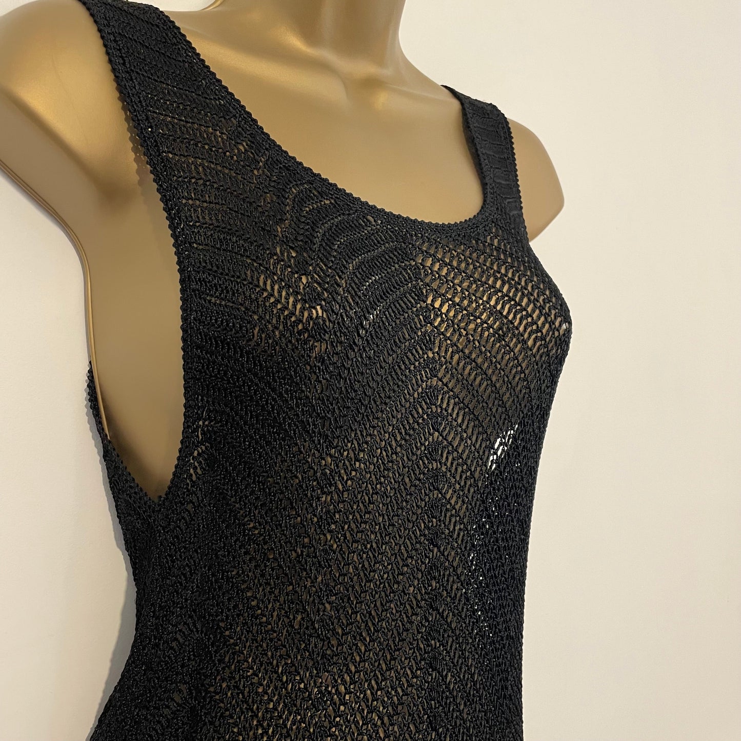 Top Vintage Outfit Black Crochet Sheer String Vest Sleeveless Wear