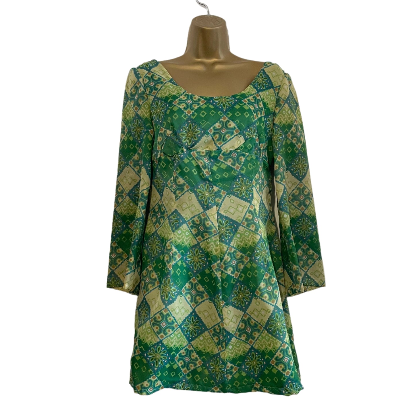 Vintage Green Short Low Back Dress 60s Handmade Tile Patterned
