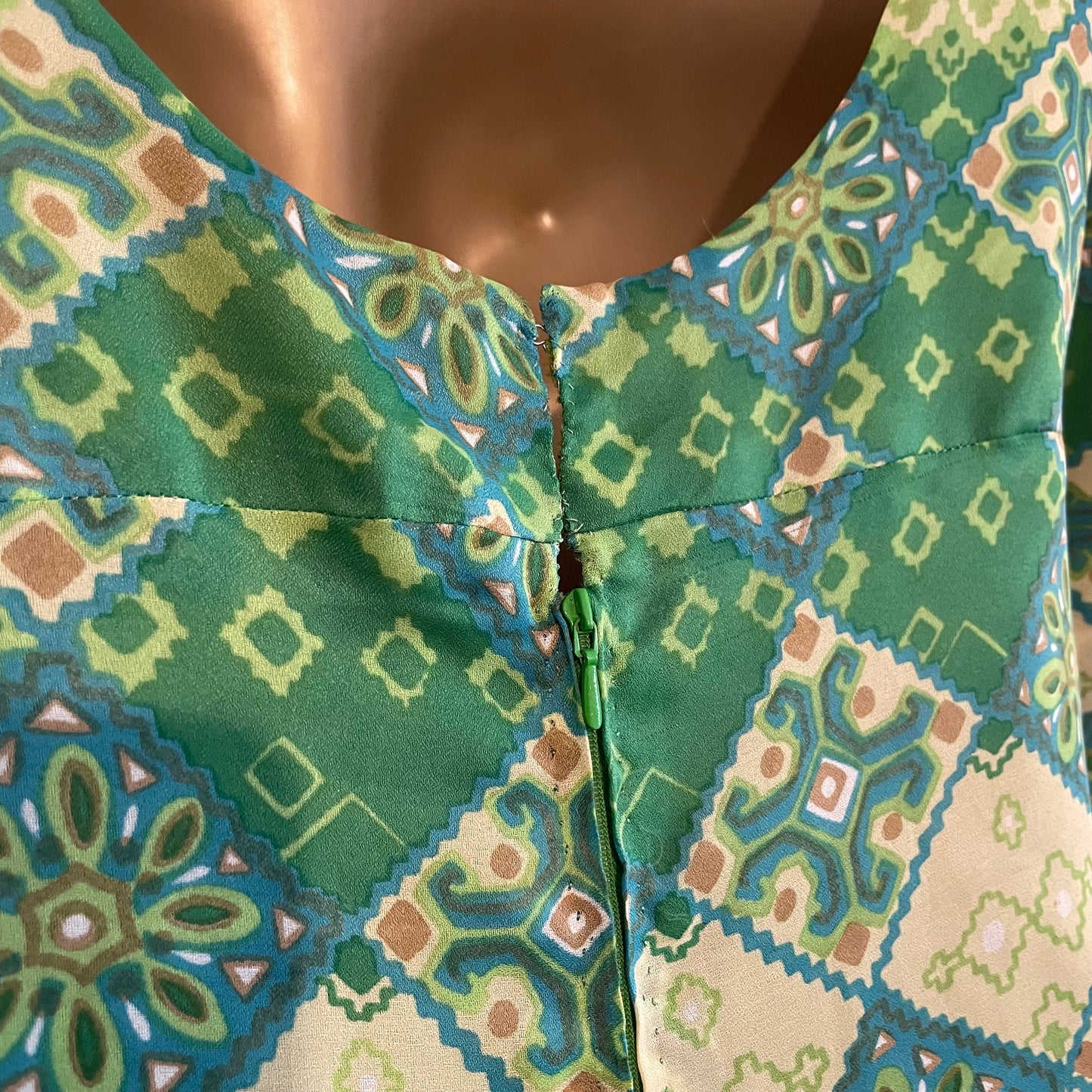Vintage Green Short Low Back Dress 60s Handmade Tile Patterned