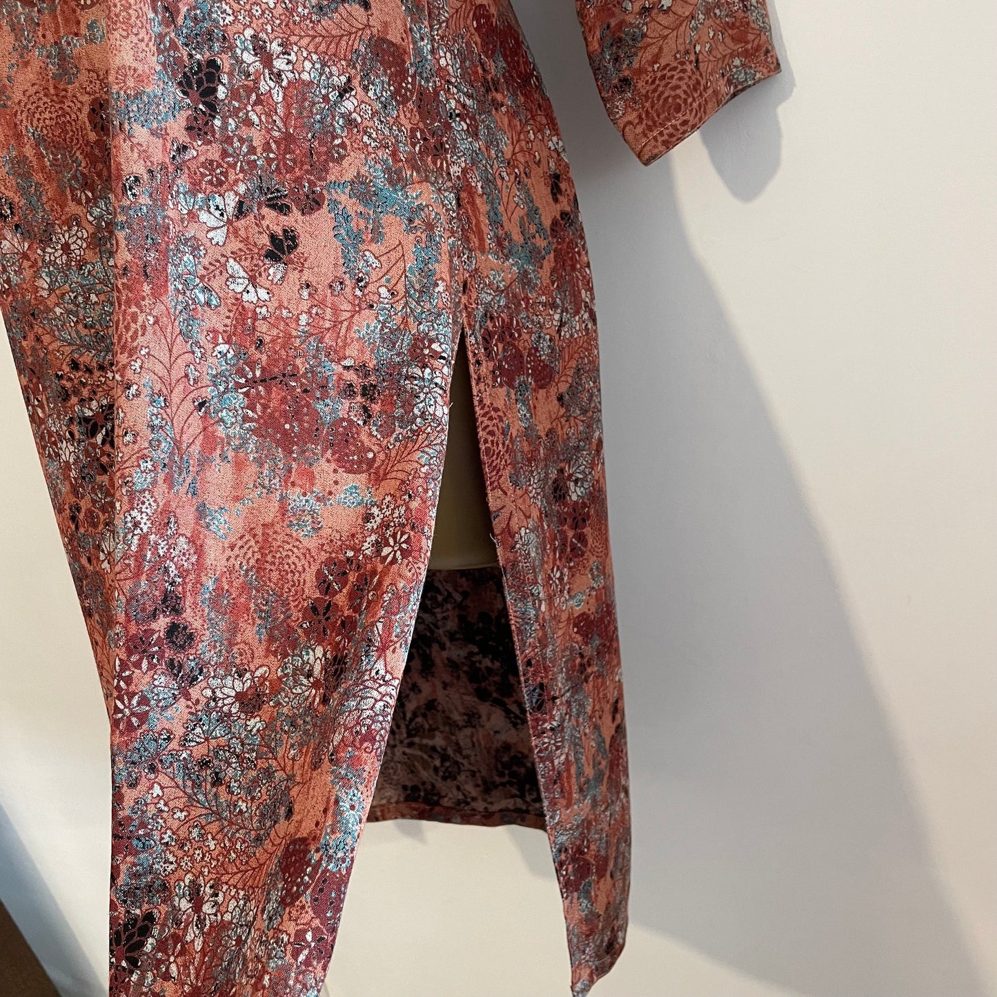 Vintage Short Floral Dress in Pink, Red and Black with Split Hem
