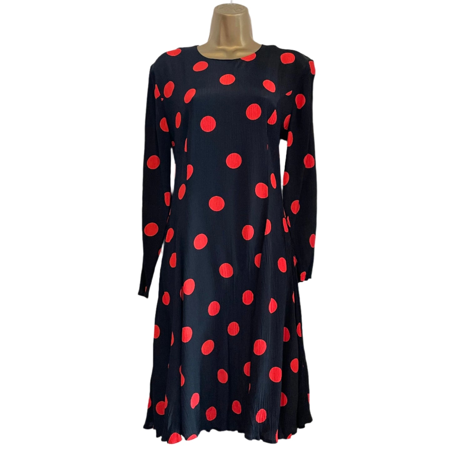 Vintage St Michael Plisse Black and Red Polka Dot Dress