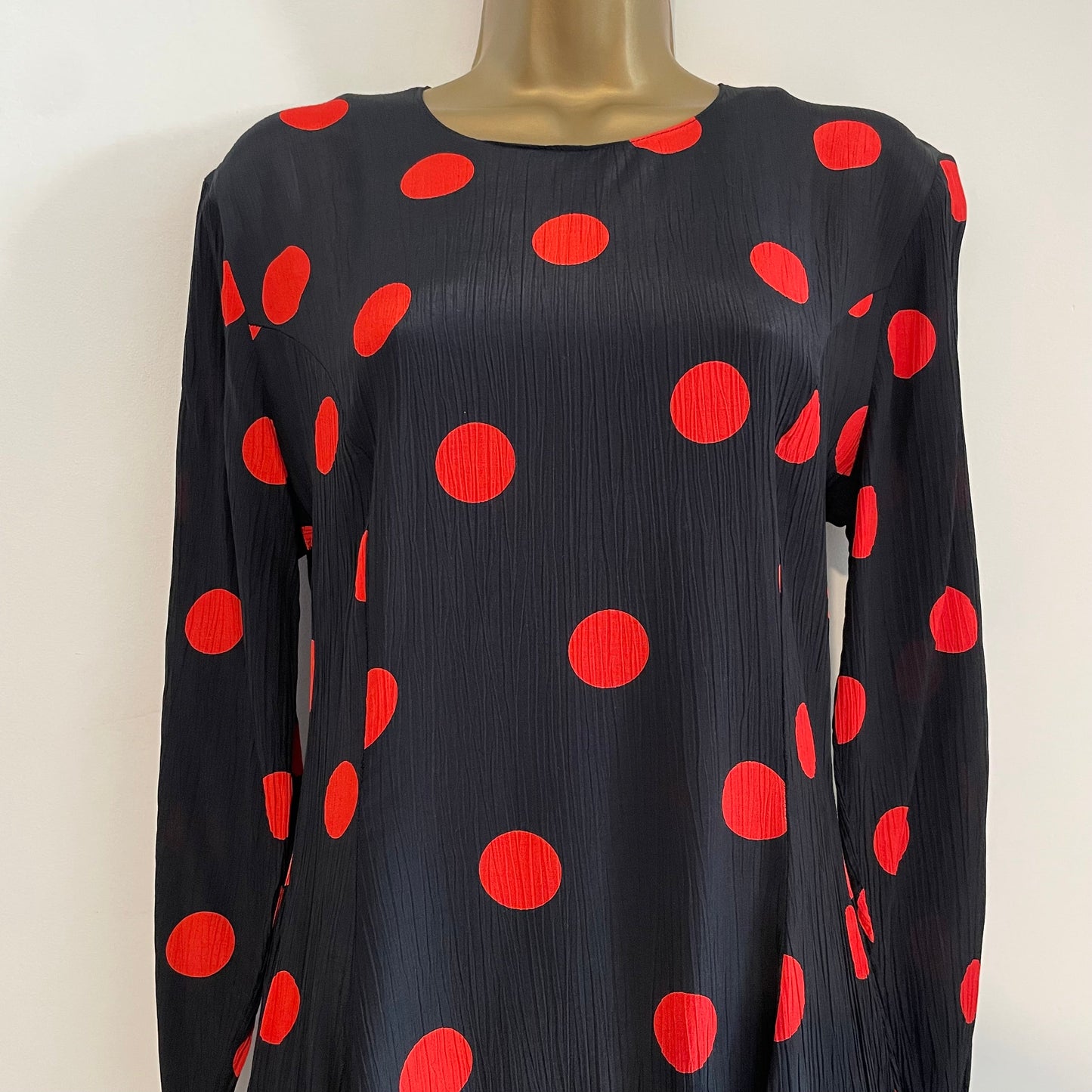 Vintage St Michael Plisse Black and Red Polka Dot Dress