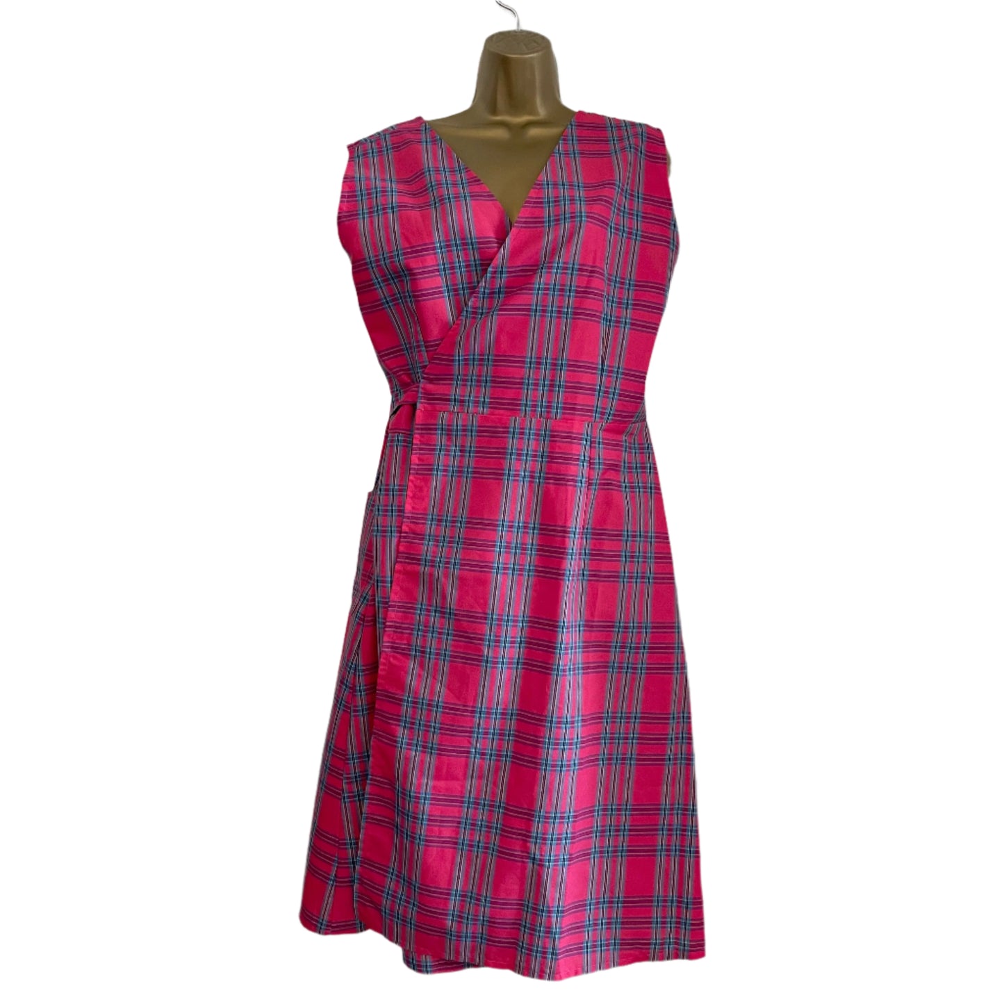 Summer Dress Vintage Pink & Blue Check Sleeveless Wrap Style