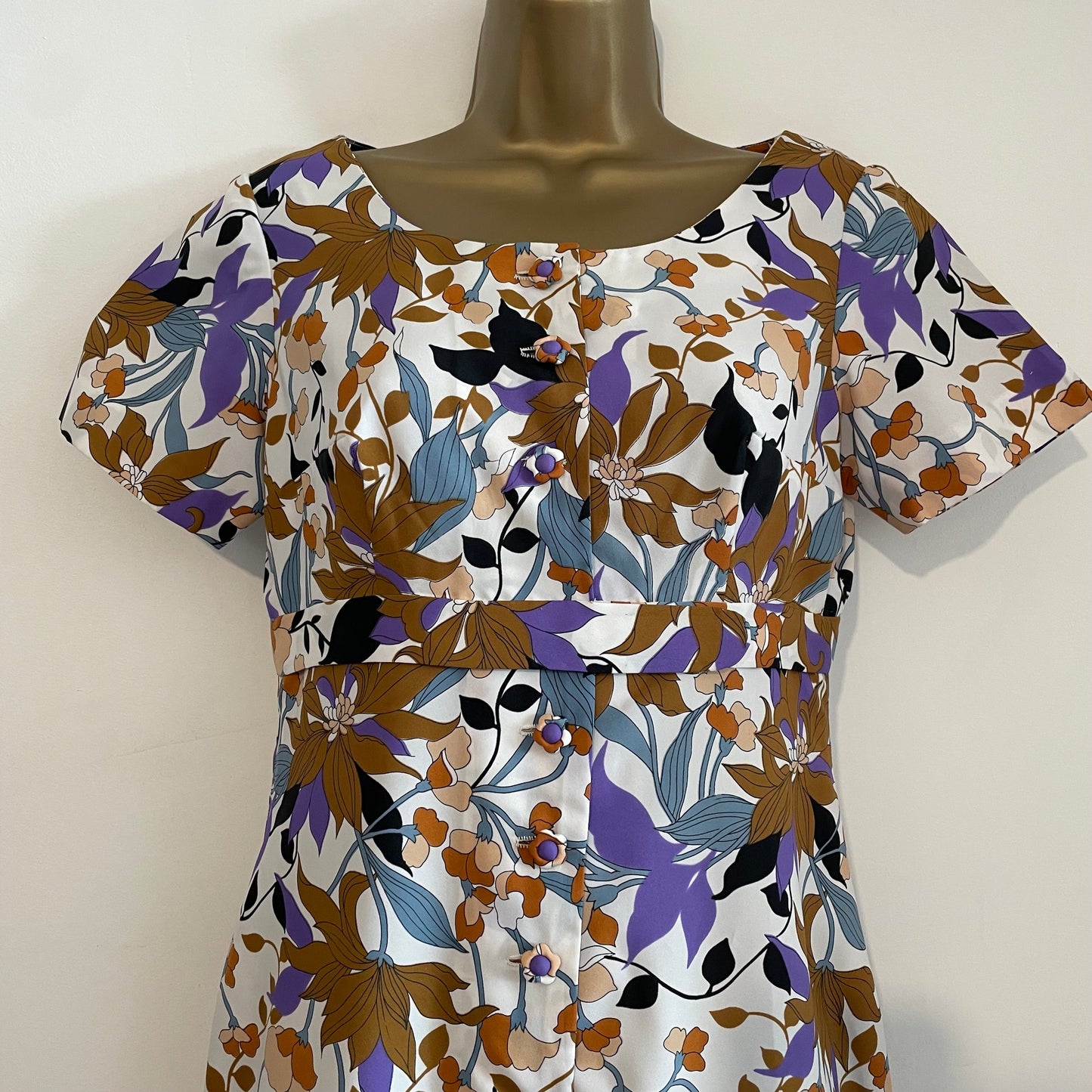 Vintage Handmade 70s Floral Maxi Dress in White, Purple and Brown