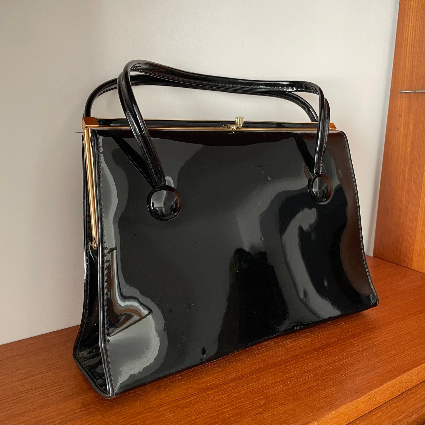 Black Patent Top Handle Handbag Vintage