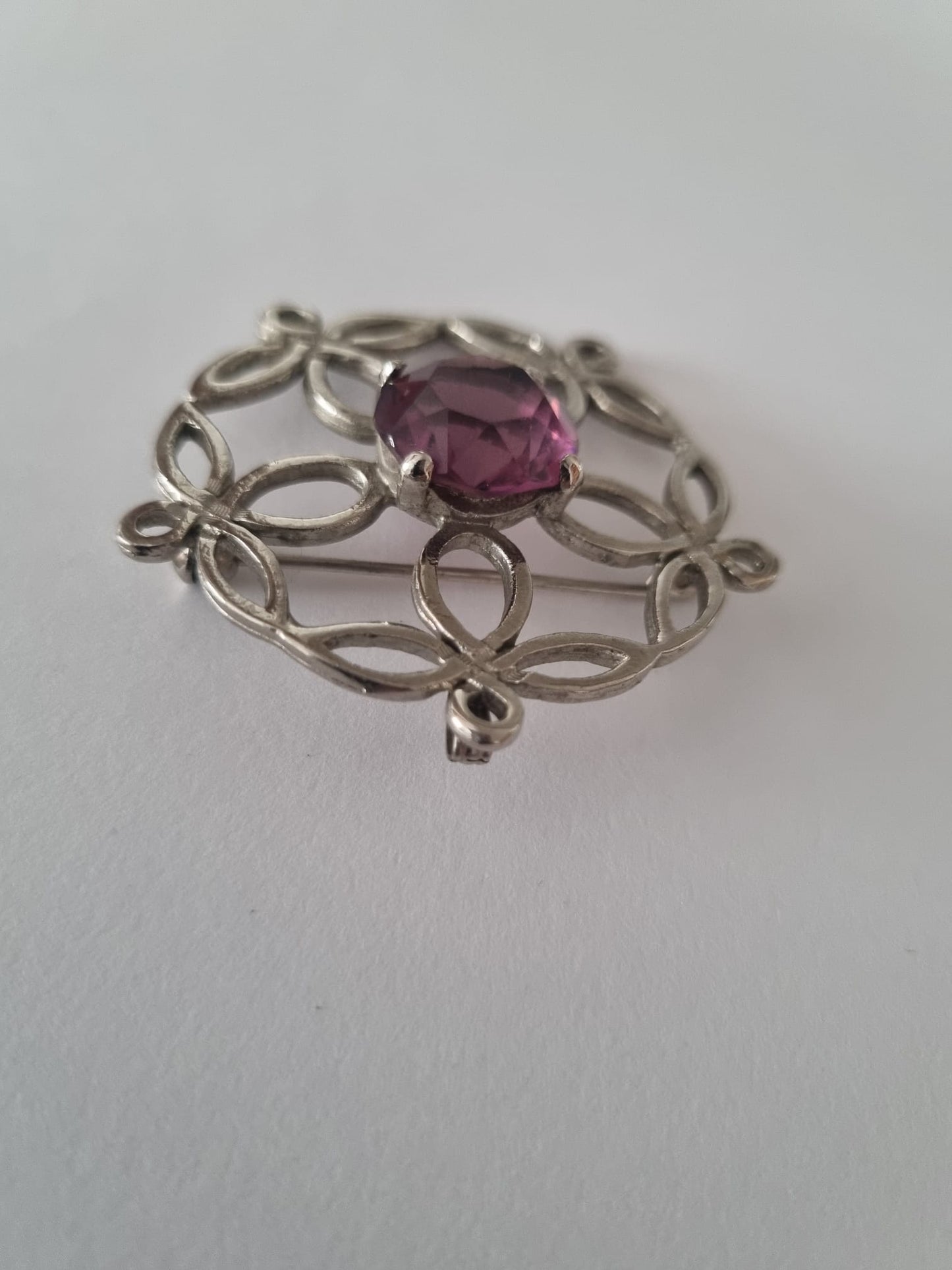 Antique Vintage Celtic Brooch with Amethyst, Signed Jem 74