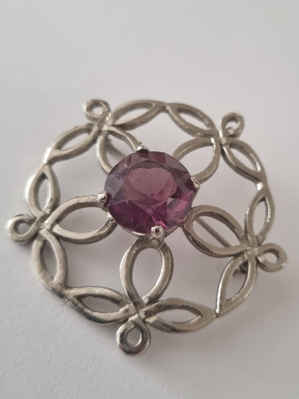 Antique Vintage Celtic Brooch with Amethyst, Signed Jem 74