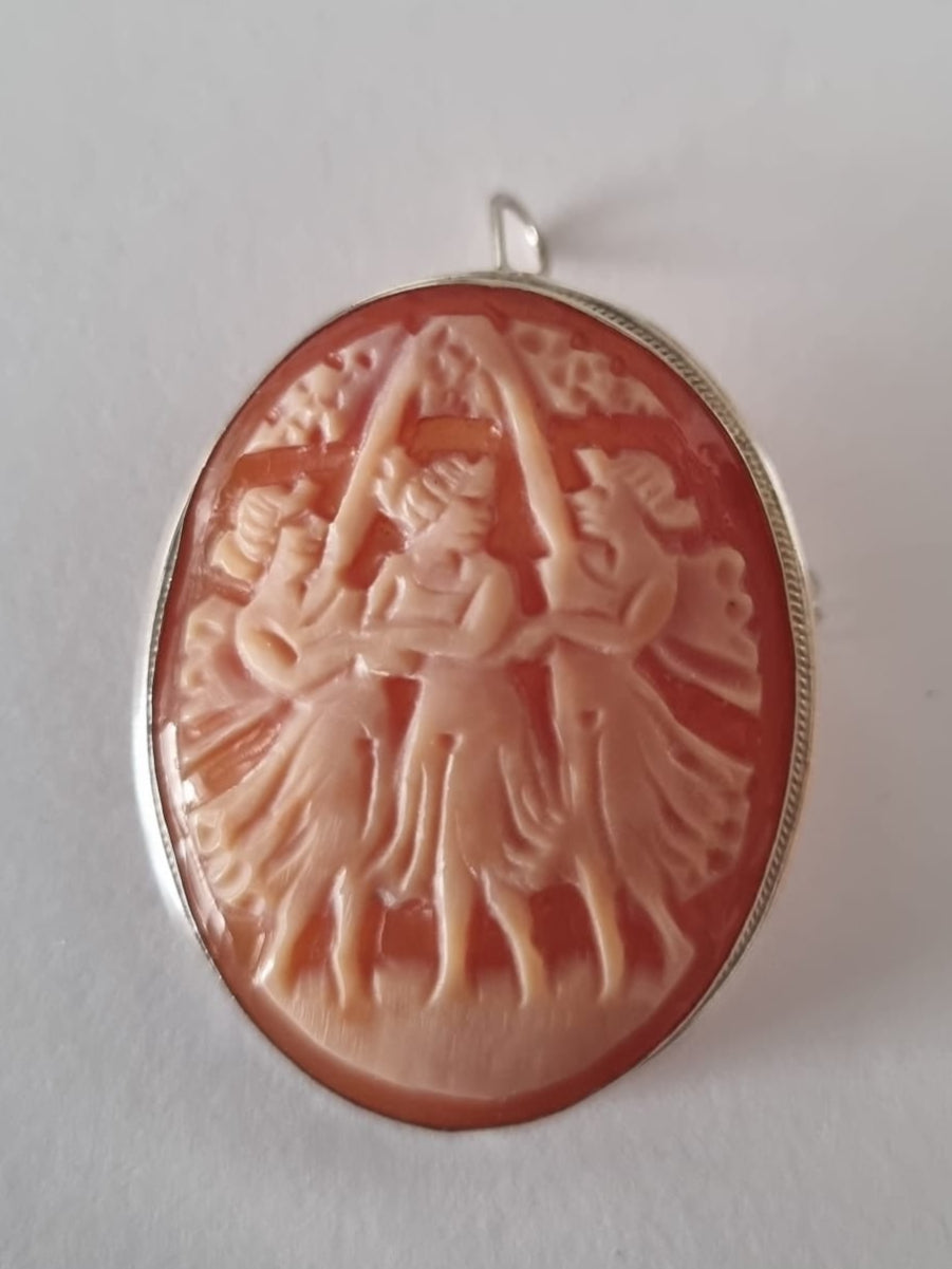 Antique Vintage Three Graces Hand Carved Cameo Pendant Brooch