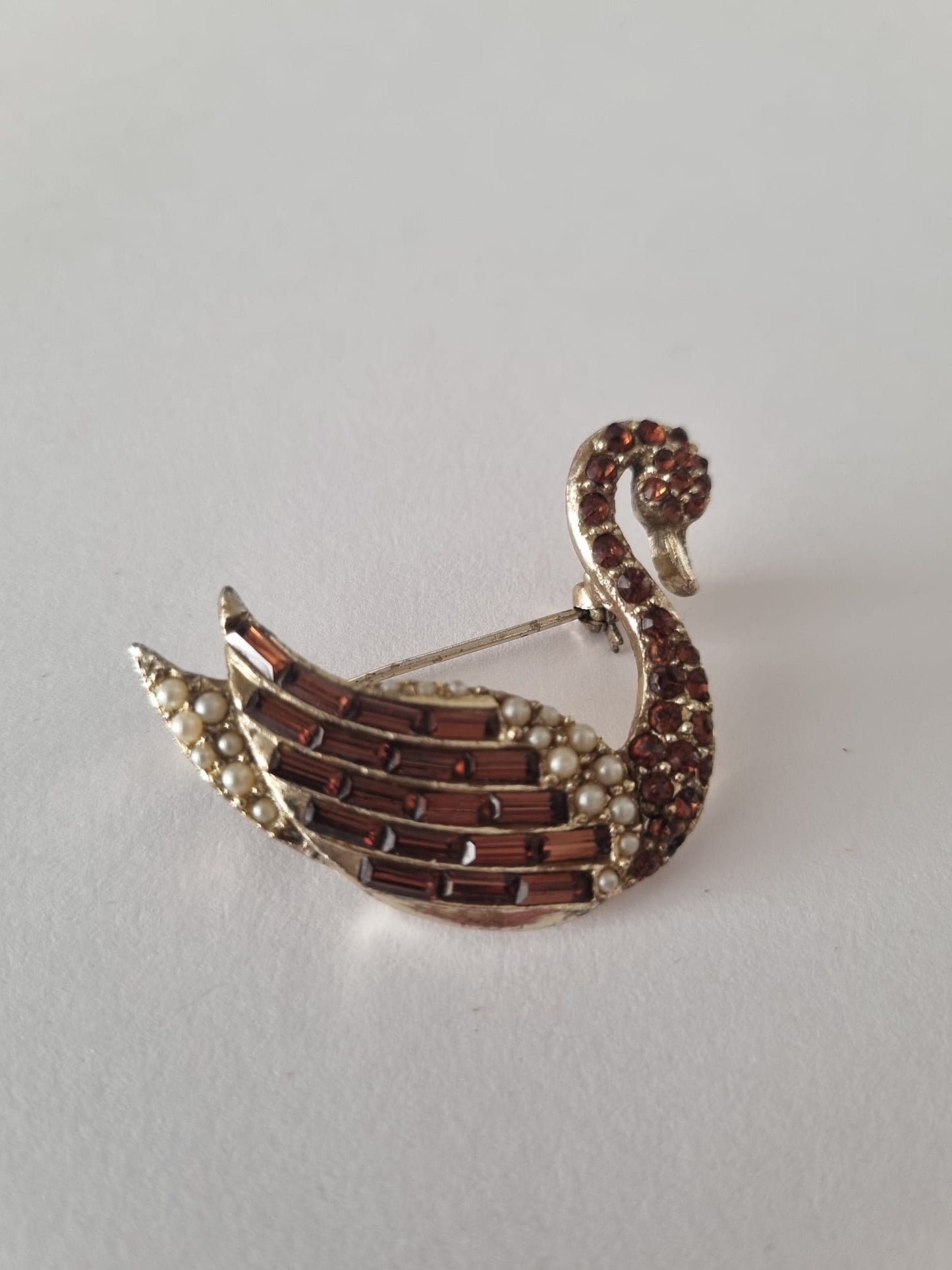 Brooch Vintage Orange and Paste Diamante Swan Bird Brooch