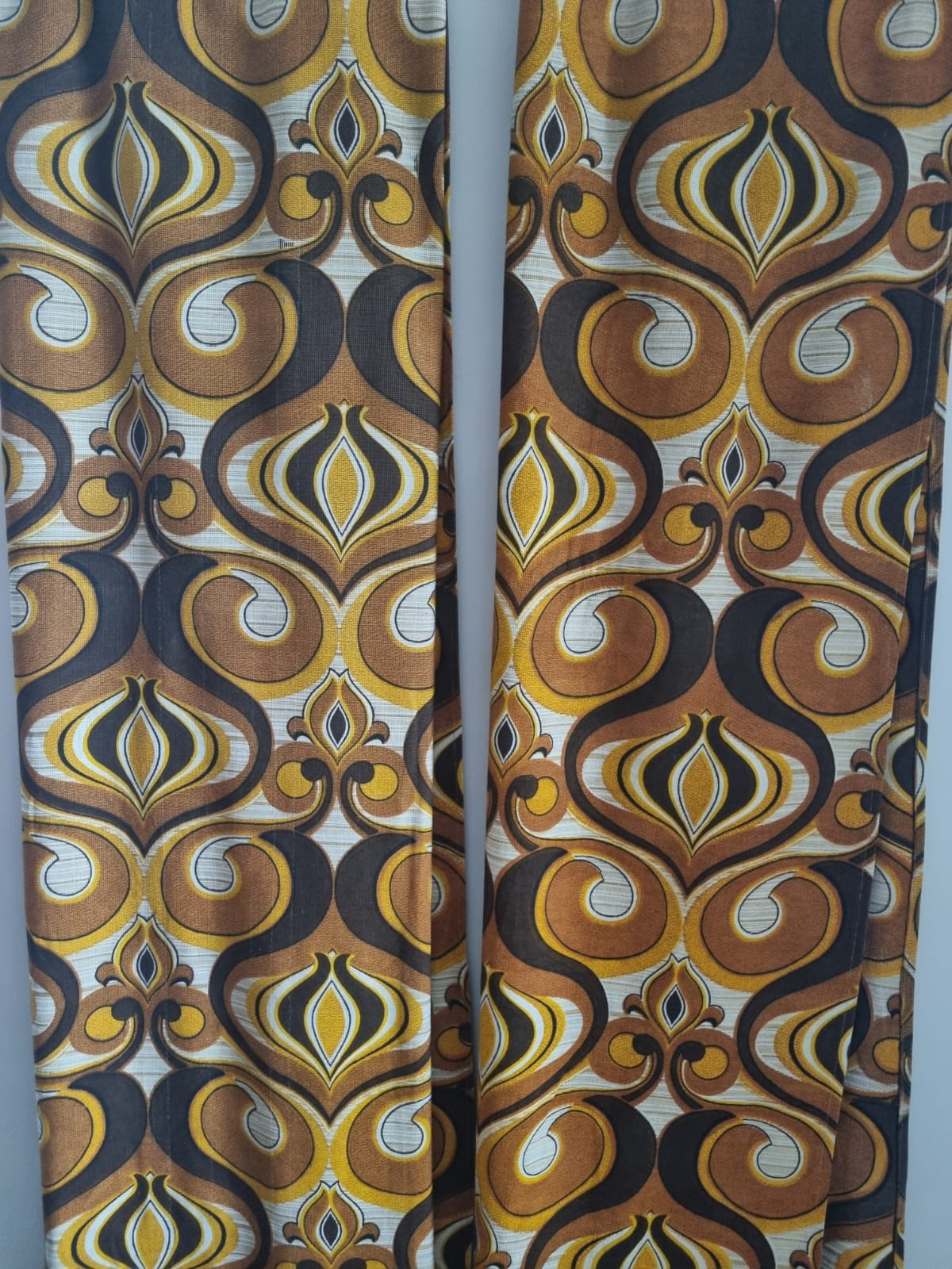 Curtains Pair 70s Fabric Vintage Handmade Brown and Mustard Abstract Decor