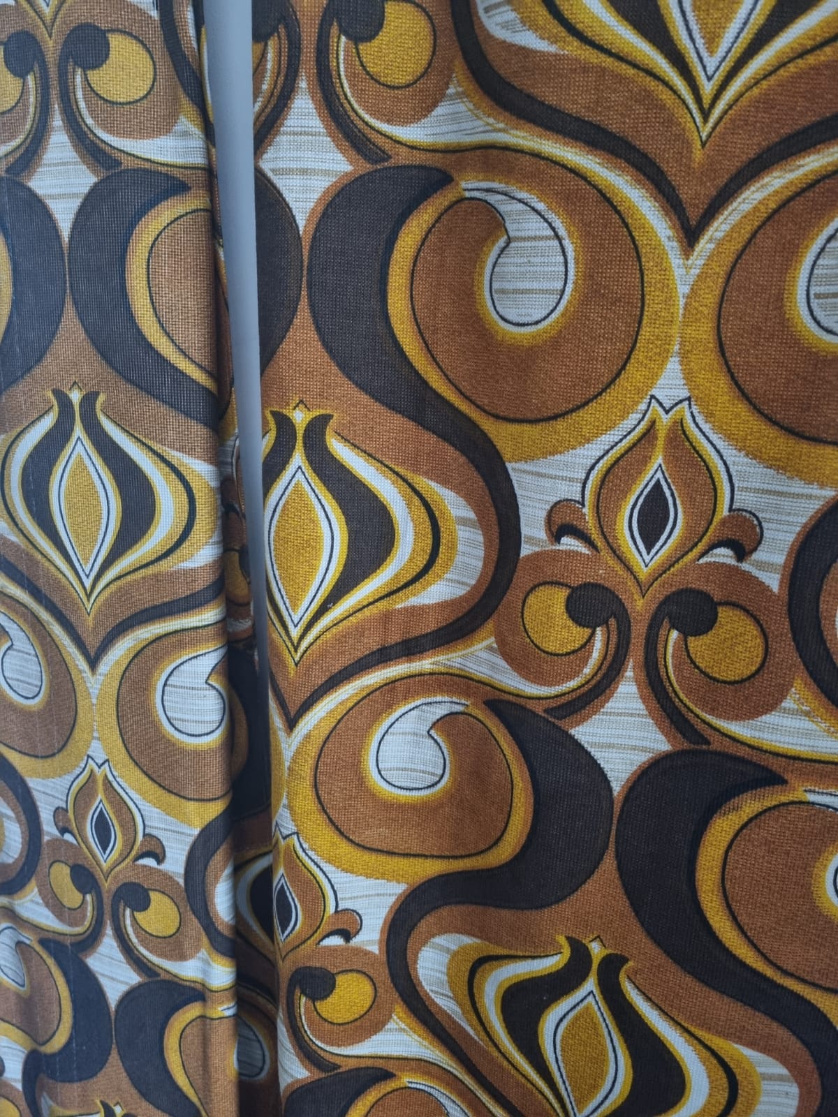 Curtains Pair 70s Fabric Vintage Handmade Brown and Mustard Abstract Decor