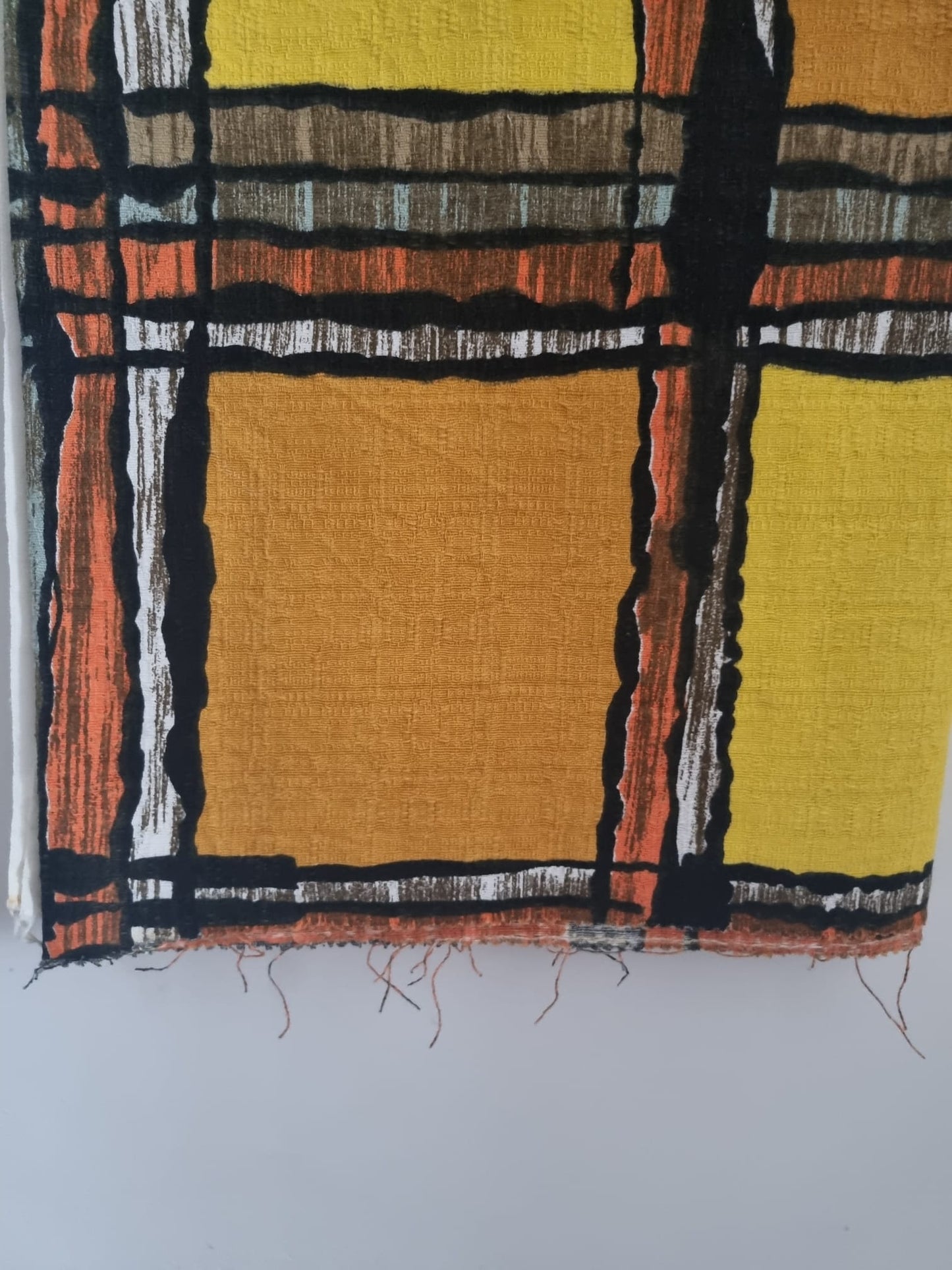 Vintage Fabric Remnant in White, Yellow, Orange and Black 70s Pattern