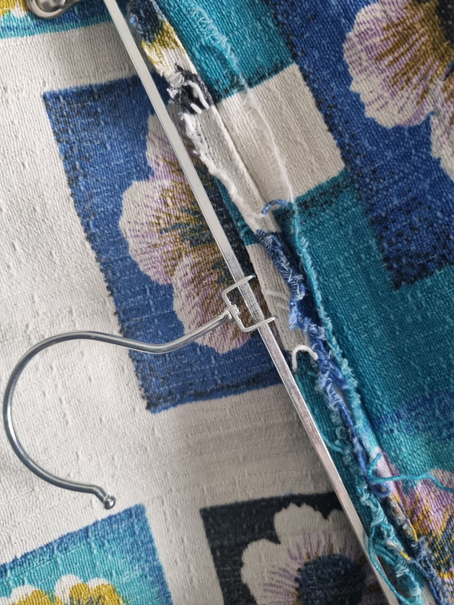 Vintage Blue and White Geometric Floral Cheesecloth Fabric Remnant