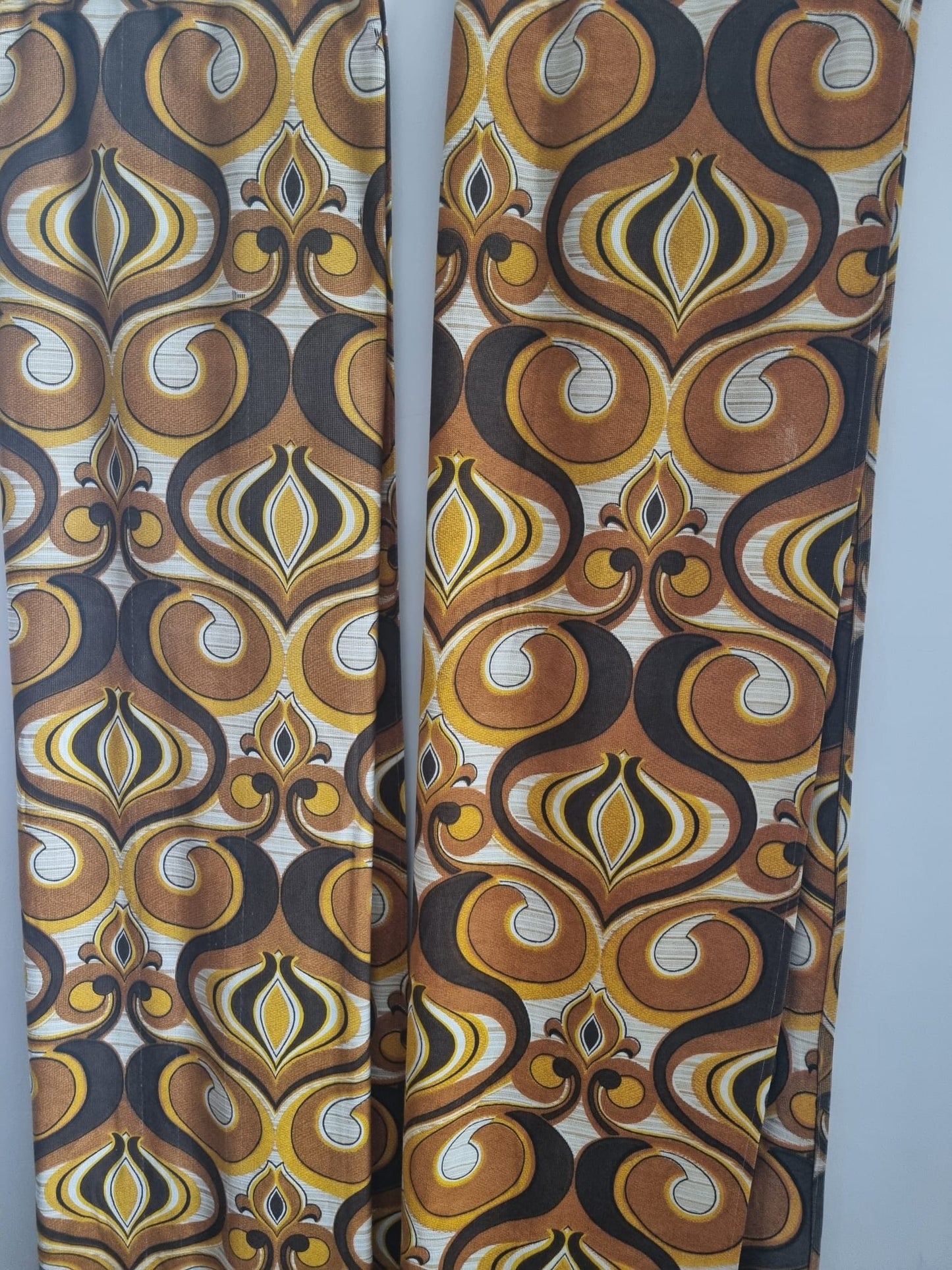Curtains Pair 70s Fabric Vintage Handmade Brown and Mustard Abstract Decor
