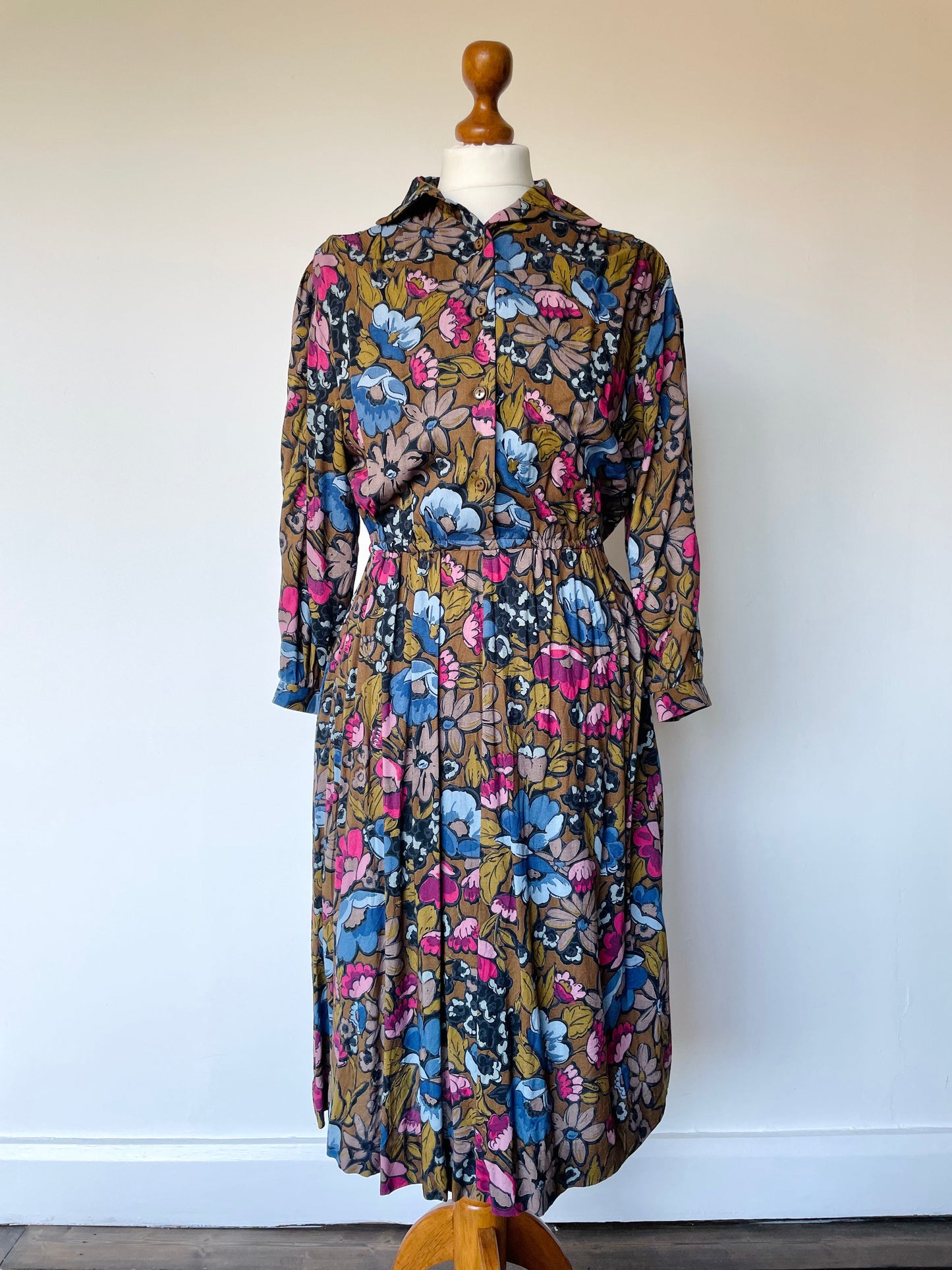 Vintage St Michael Tall Blue and Pink Floral Patterned Long Sleeve Shirt Dress