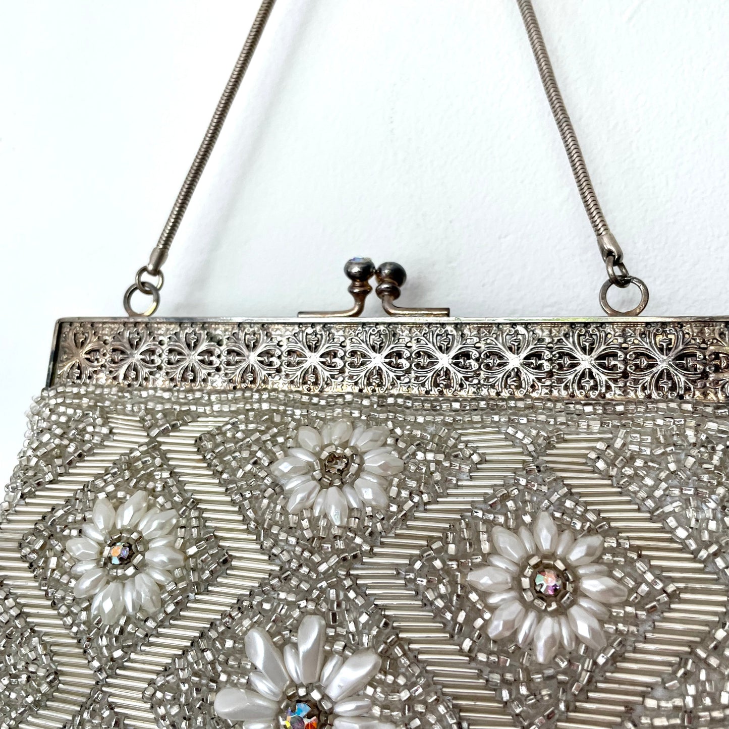 Vintage Floral Hand Beaded Silver Evening Handbag from Hong Kong