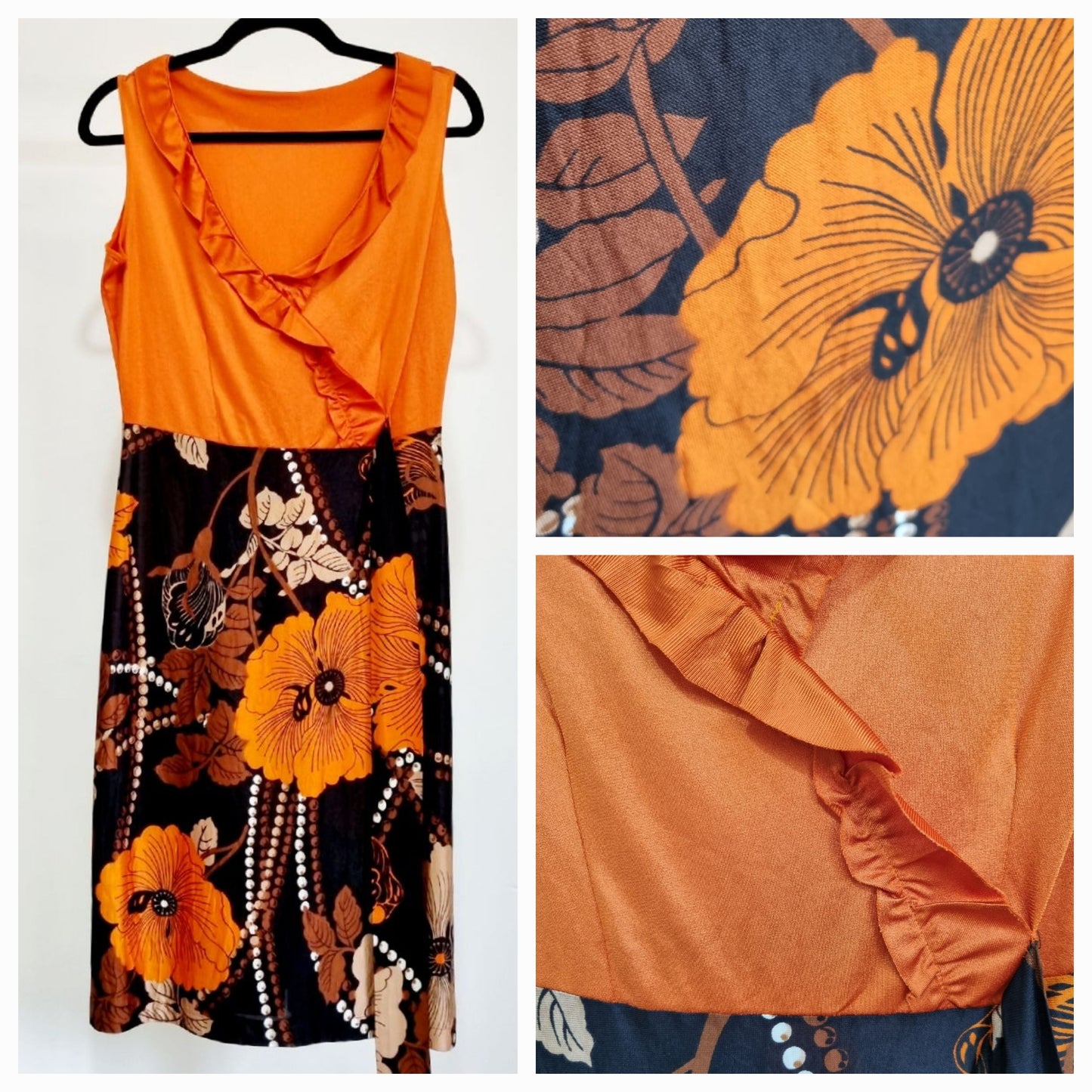 Orange Sleeveless Dress Handmade Vintage Midsize Dress UK 14 - Vintage Appreciation Society