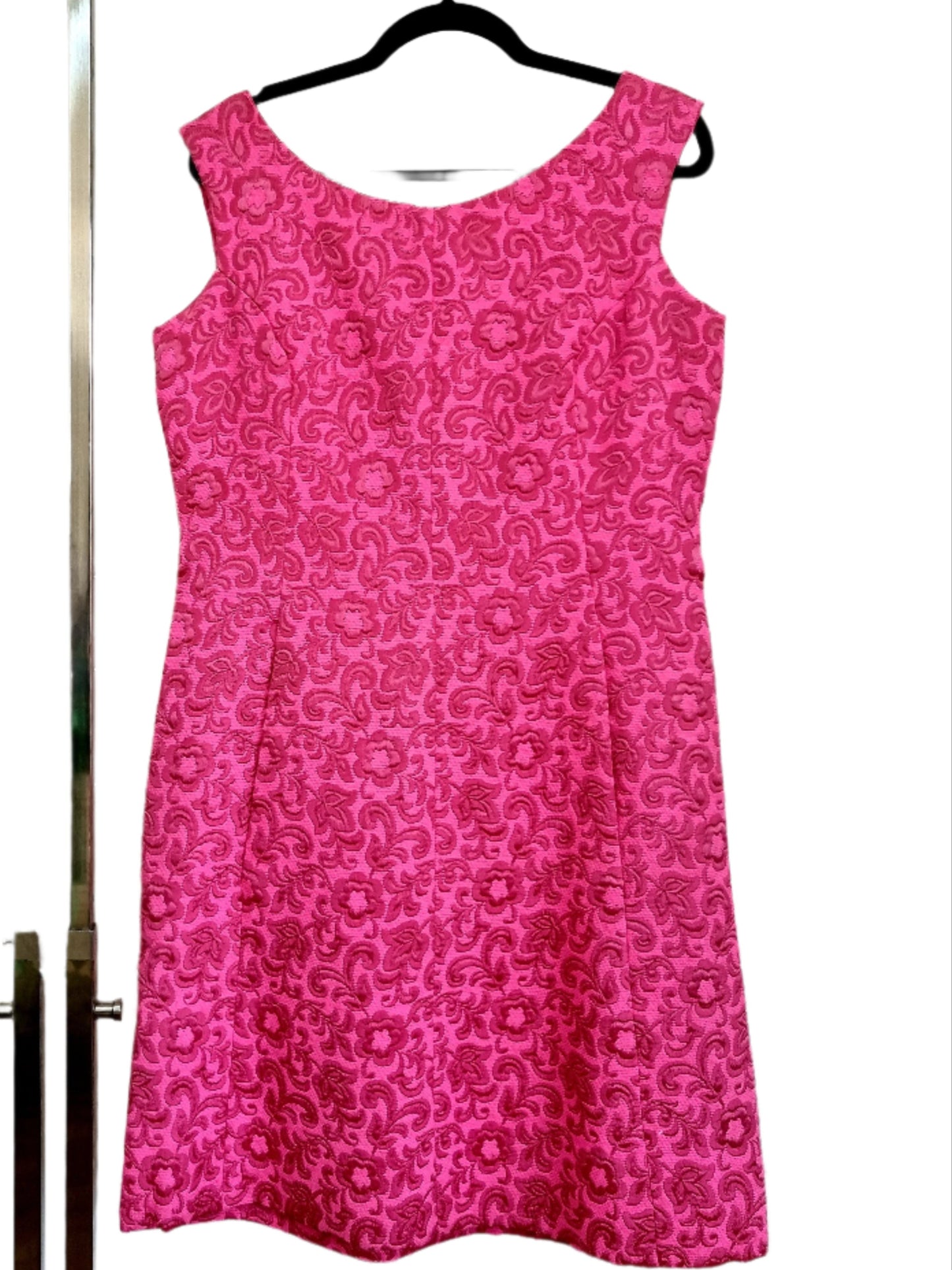 Handmade Vintage Hot Pink Brocade Pattern Shift Dress UK 16 - Vintage Appreciation Society
