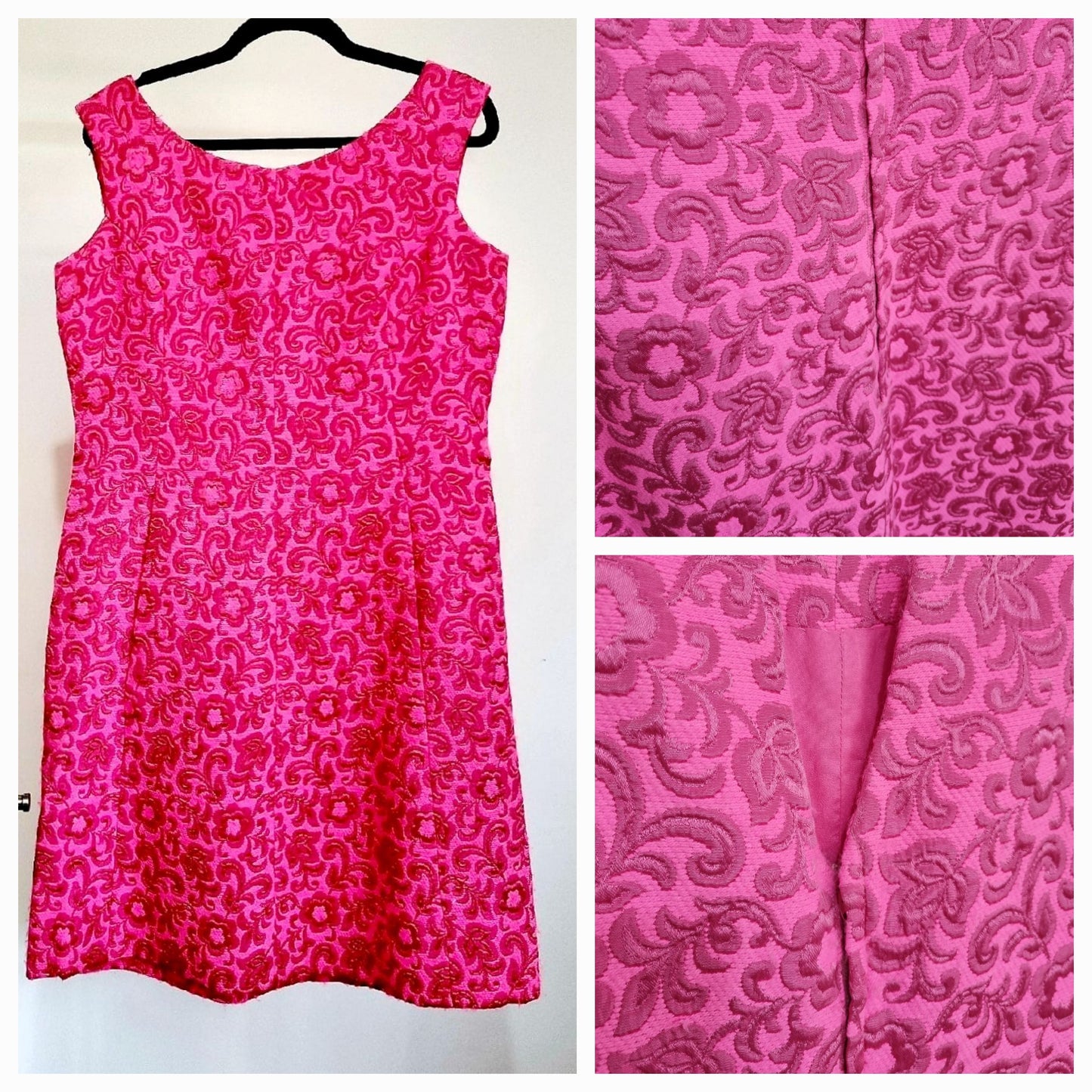 Handmade Vintage Hot Pink Brocade Pattern Shift Dress UK 16 - Vintage Appreciation Society
