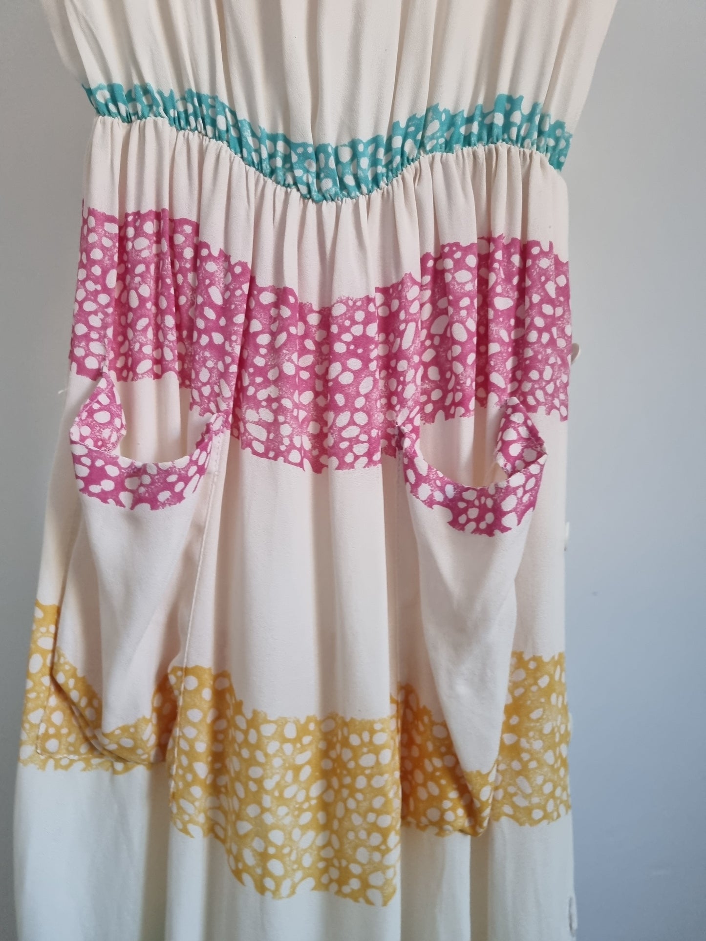 Handmade Midsize Vintage White, Yellow, Pink & Blue Dot Stripes TShirt Dress UK 14 - Vintage Appreciation Society