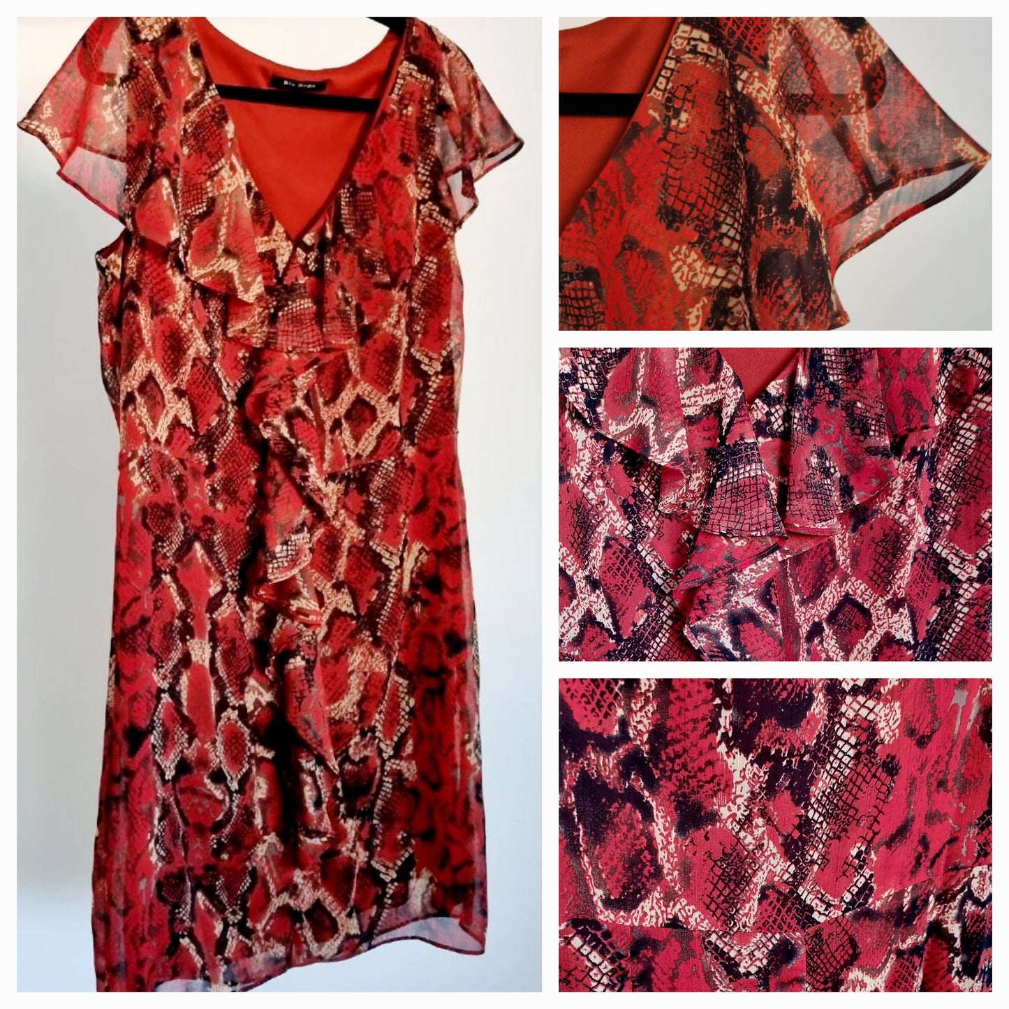 Vintage Blue Sage Snake Print Ruffle Fire Tone Red and Black Dress UK 16 - Vintage Appreciation Society