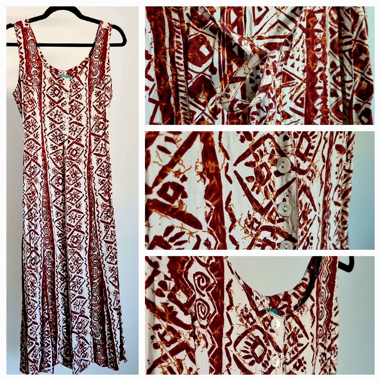 C and A Midsize Button Down Brown & White Aztec Pattern Summer Vintage Dress UK 14 - Vintage Appreciation Society