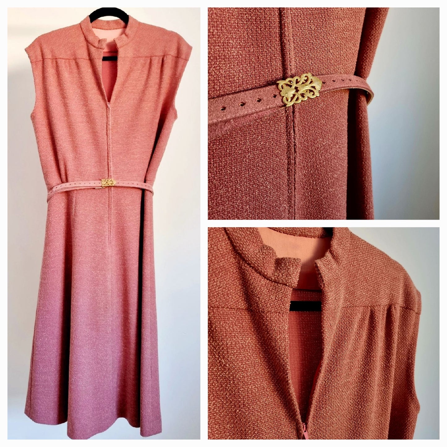 Vintage Dusty Pink V Neckline Smart Textured Dress with Original Belt UK16 - Vintage Appreciation Society