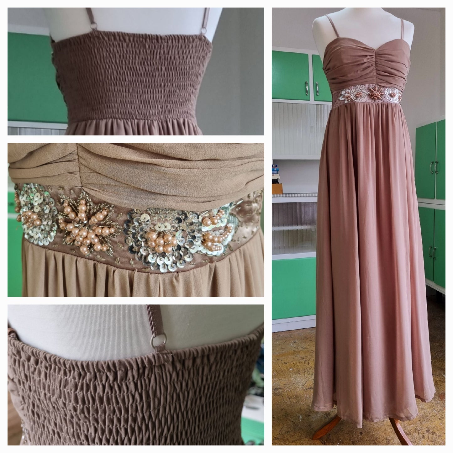 Floyd by Smith Vintage Taupe Evening Dress Sweetheart Neckline Beaded Detail UK 16