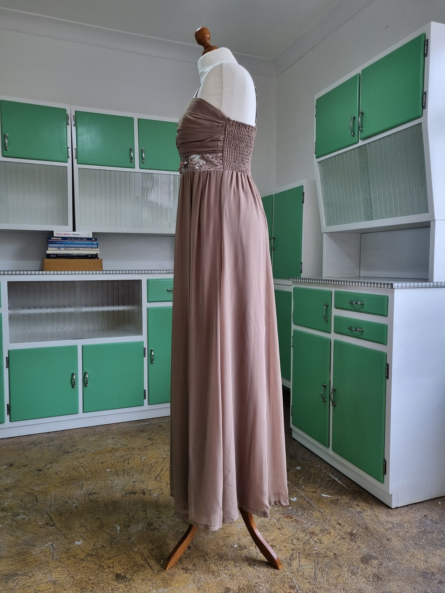 Floyd by Smith Vintage Taupe Evening Dress Sweetheart Neckline Beaded Detail UK 16
