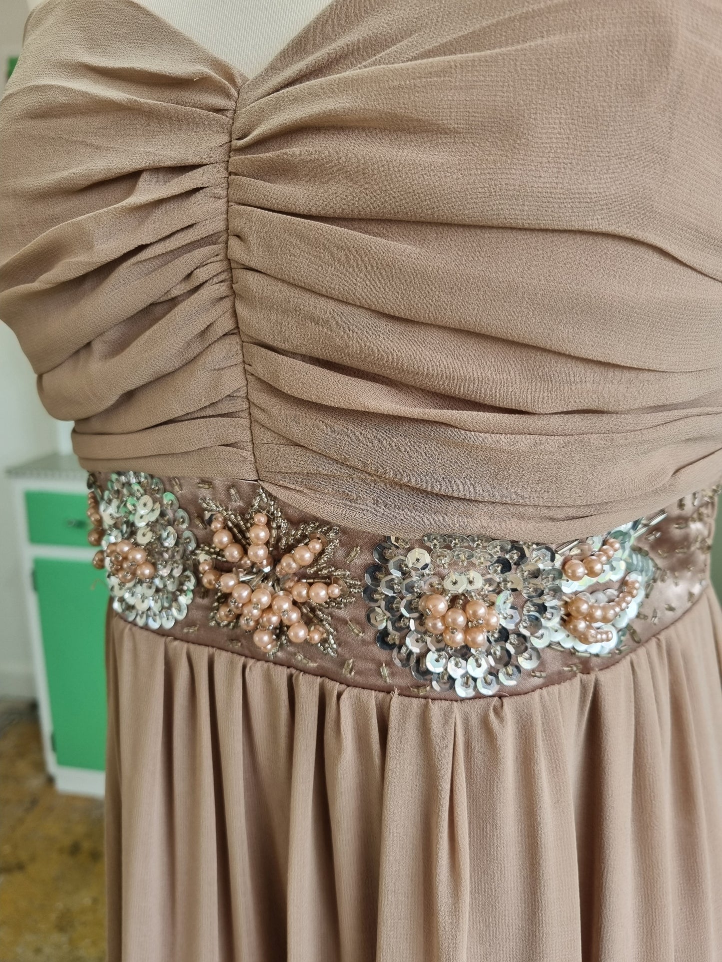 Floyd by Smith Vintage Taupe Evening Dress Sweetheart Neckline Beaded Detail UK 16