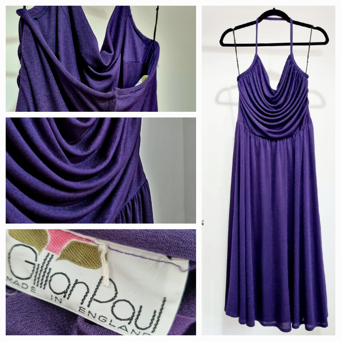 Gillian Paul Vintage Royal Purple Halter Cowl Neck Evening Dress UK 12 - Vintage Appreciation Society