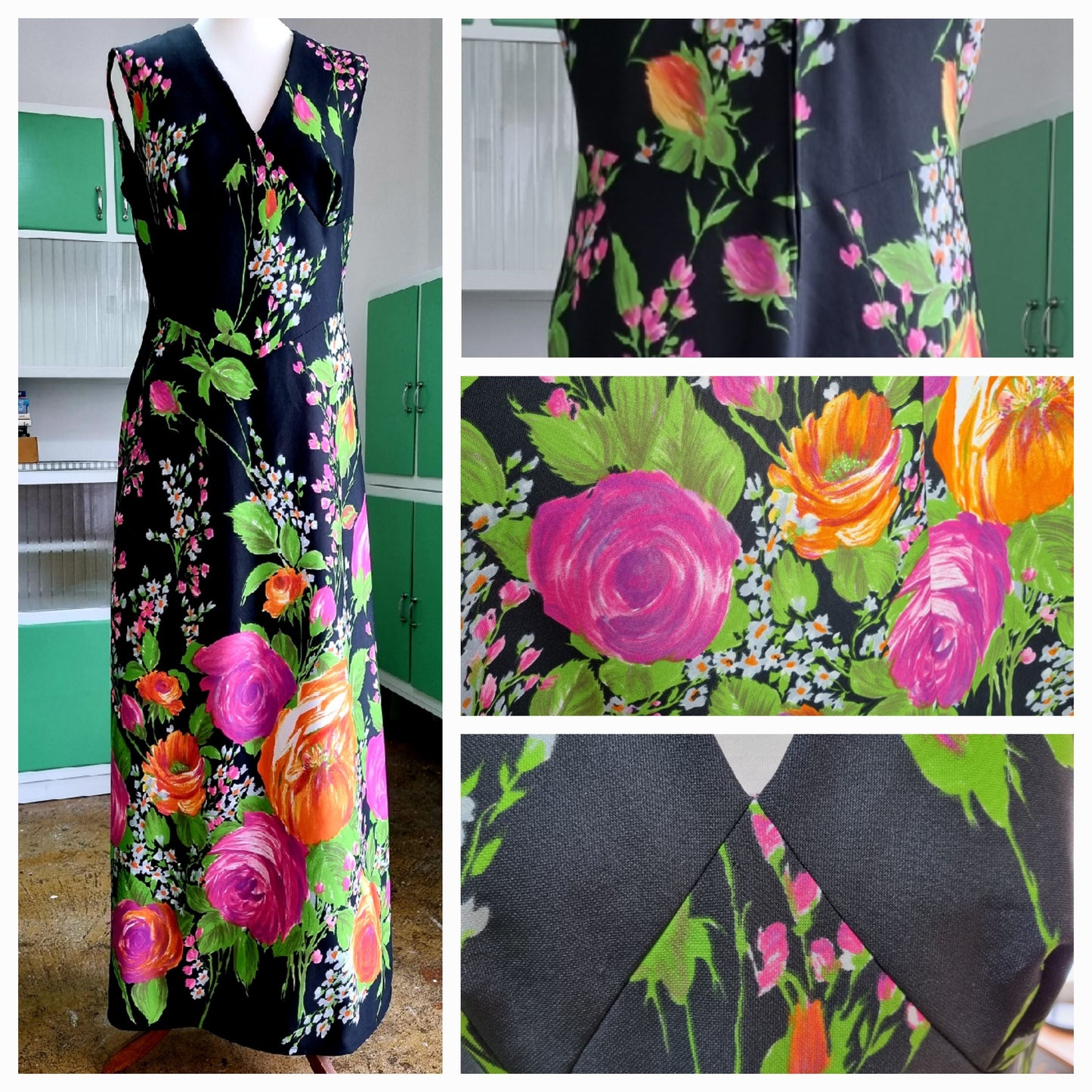 Vintage Black VNeck Maxi Dress Bold Floral Pattern UK 16