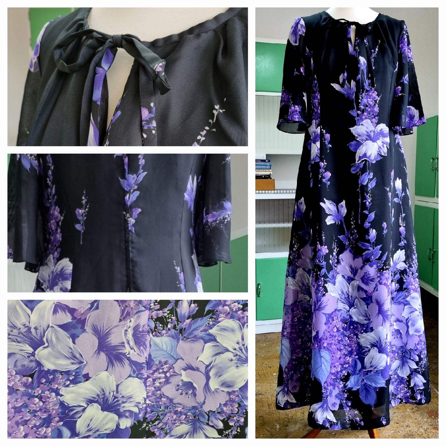 Cop Lady Vintage Romantic Black and Purple Floaty Floral Dress UK 16