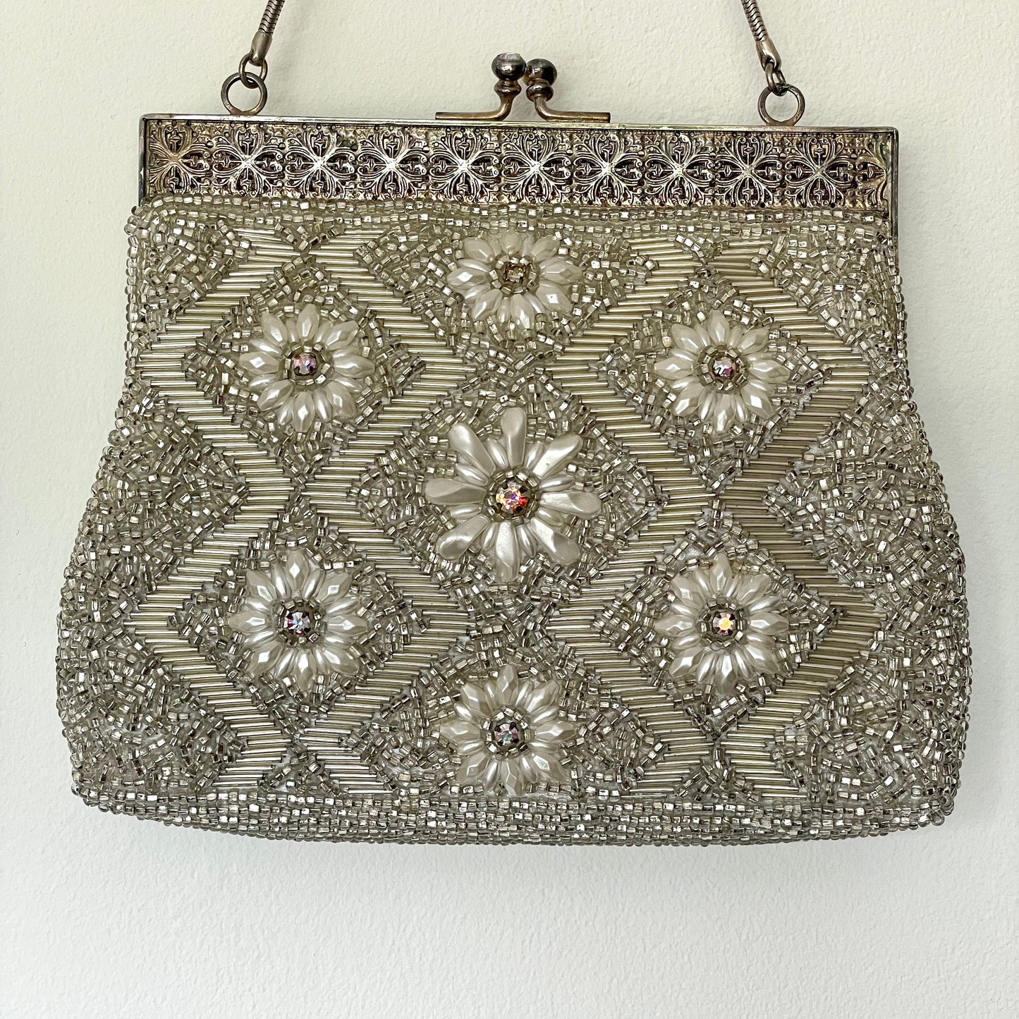 Vintage Floral Hand Beaded Silver Evening Handbag from Hong Kong
