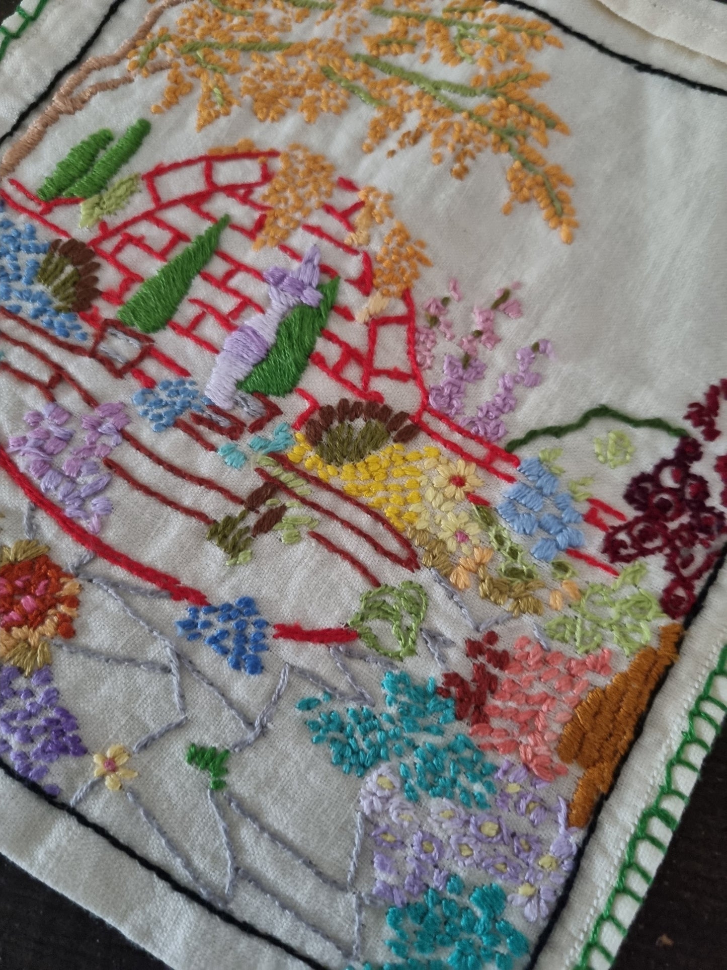 Vintage Embroidered Garden Scene Bag for Timeless Style