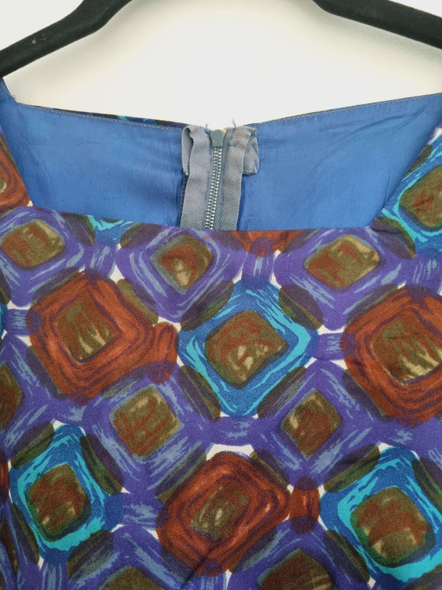 Vintage Blue, Purple & Brown Abstract Print Shift Dress UK16