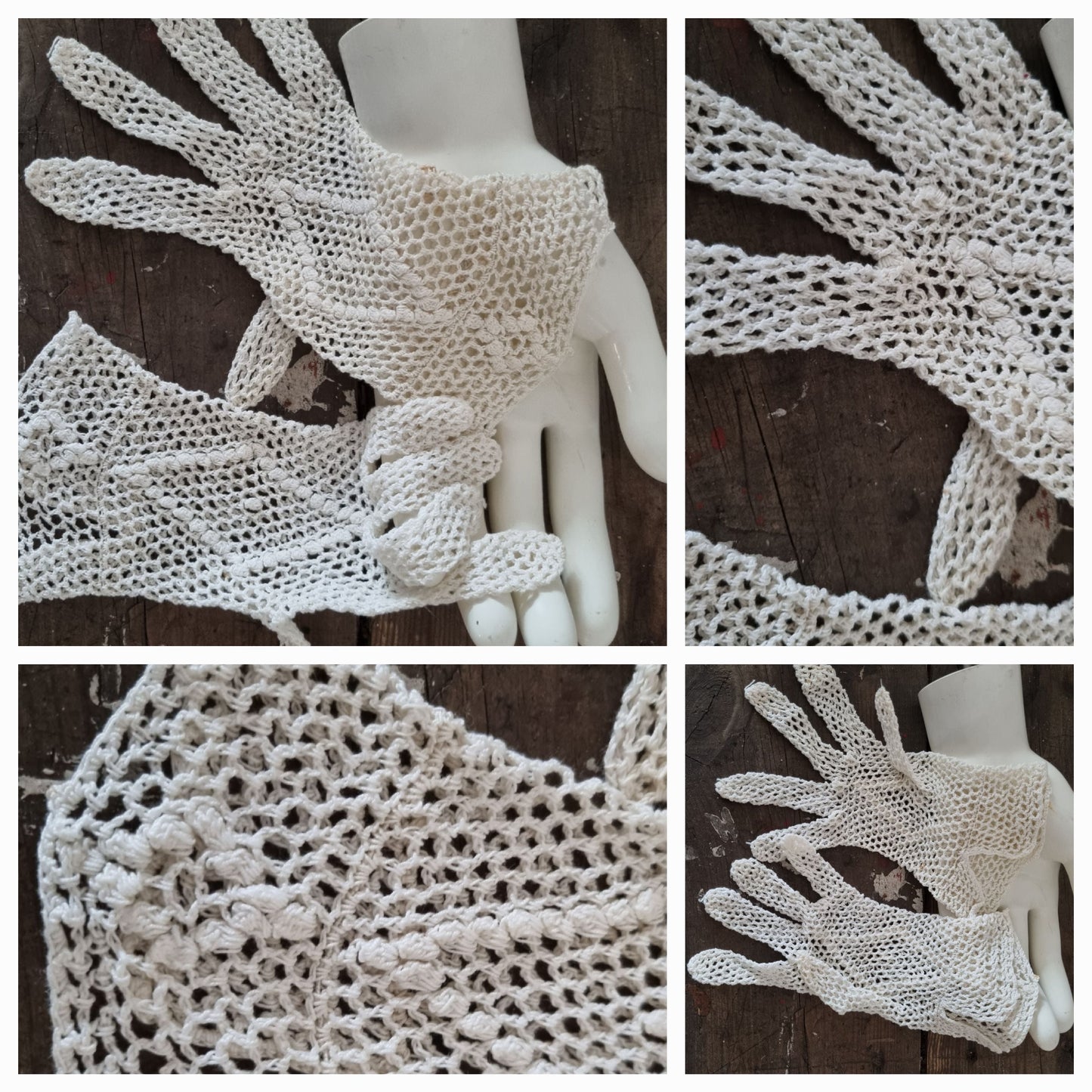 Vintage OffWhite Short Handmade Crochet Bridal Gloves Size 6