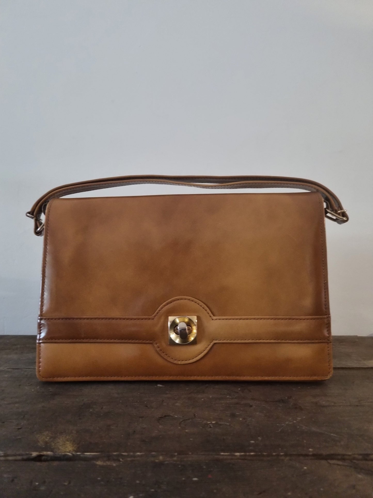 Top Handle Brown Leather Handbag with Adjustable Strap Vintage