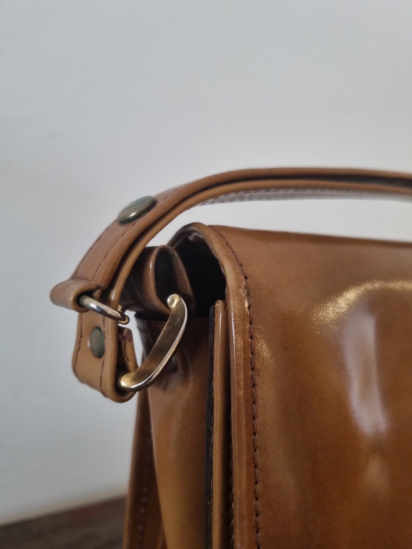 Top Handle Brown Leather Handbag with Adjustable Strap Vintage