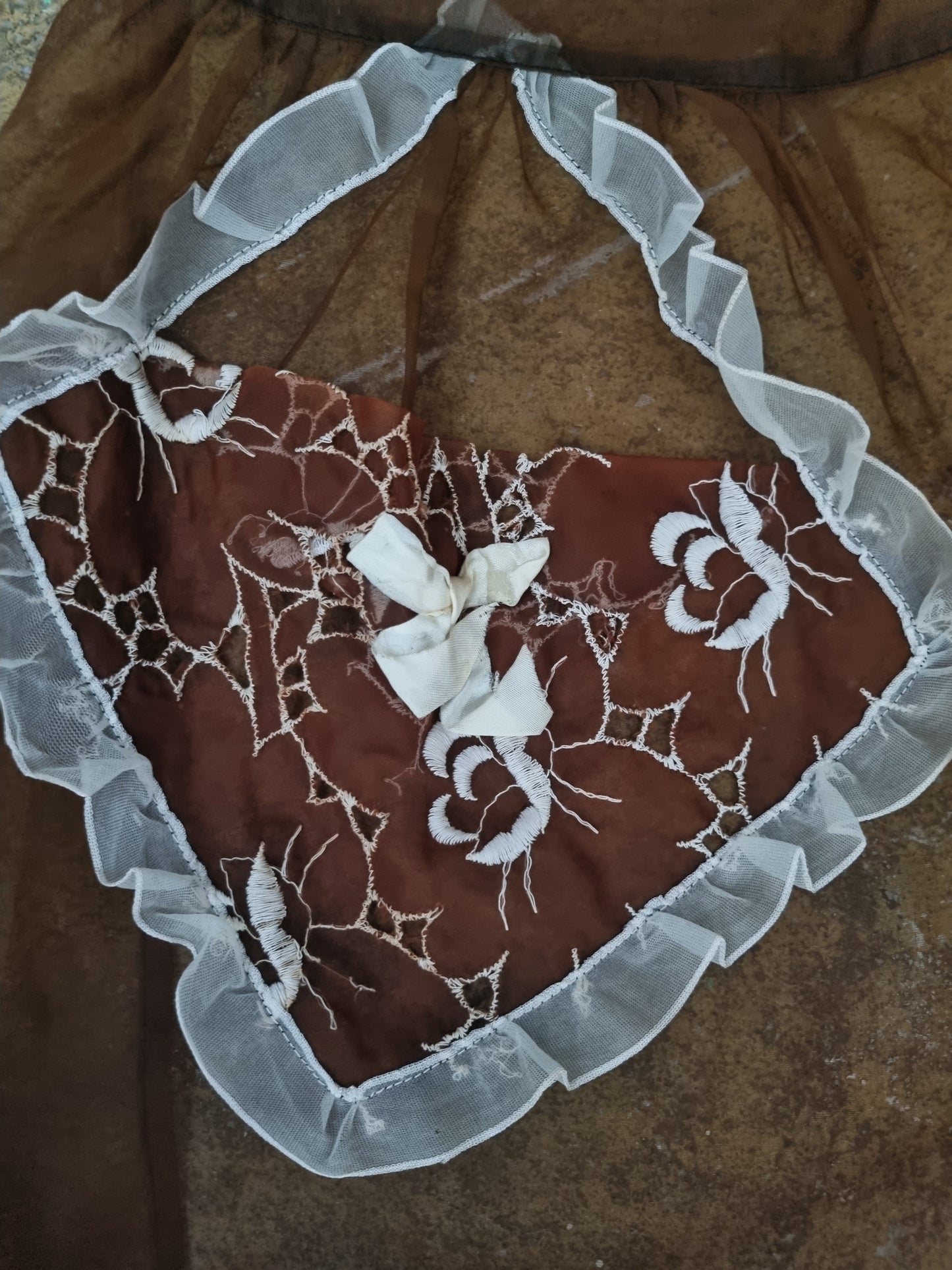 Vintage Brown Sheer Half Apron with White Frills