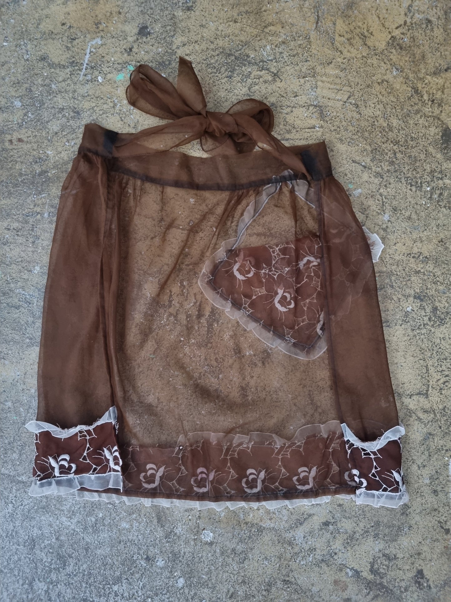 Vintage Brown Sheer Half Apron with White Frills