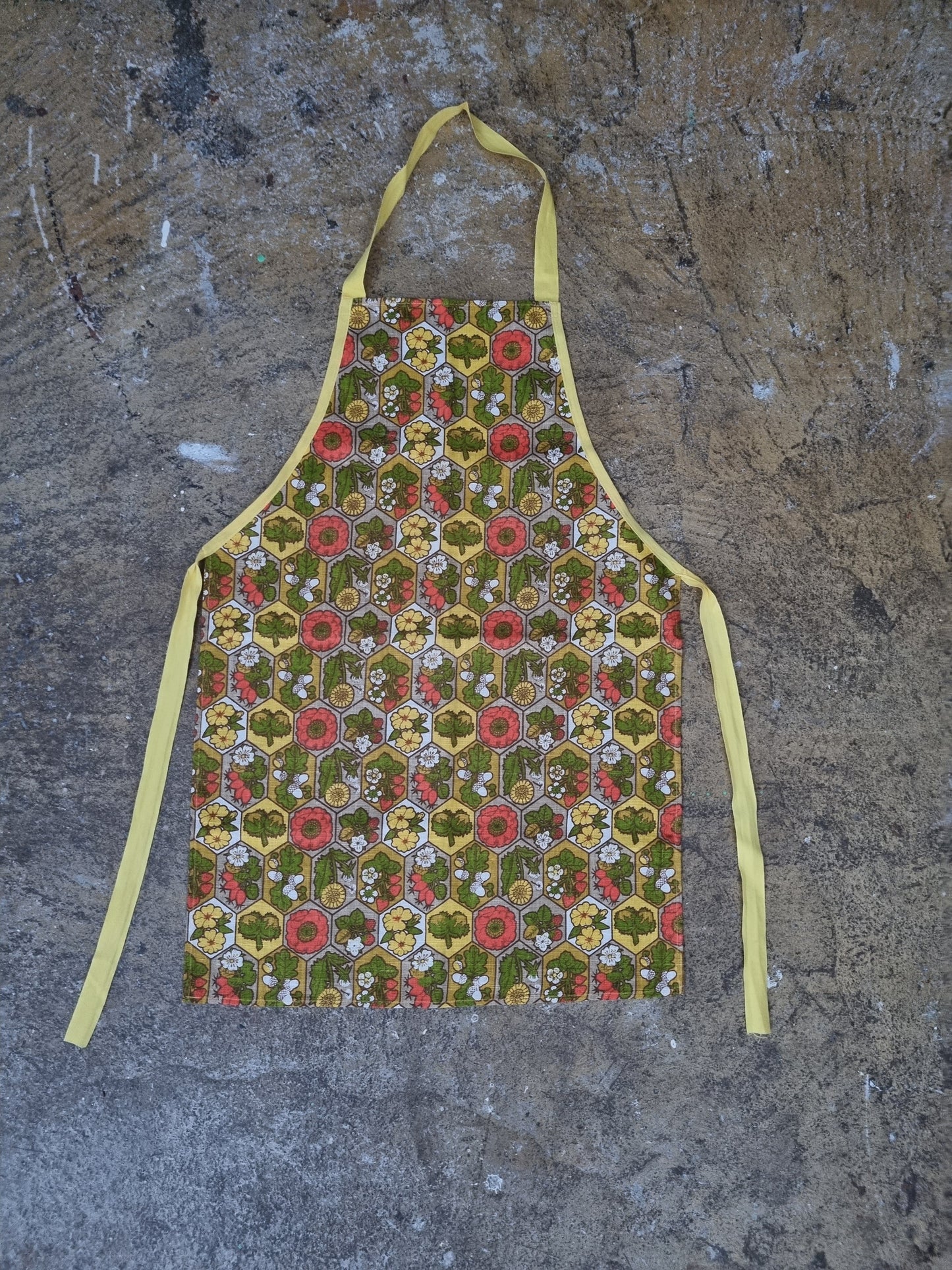 Floral Apron Vintage Autumn Flowers and Fruits with Yellow Trim