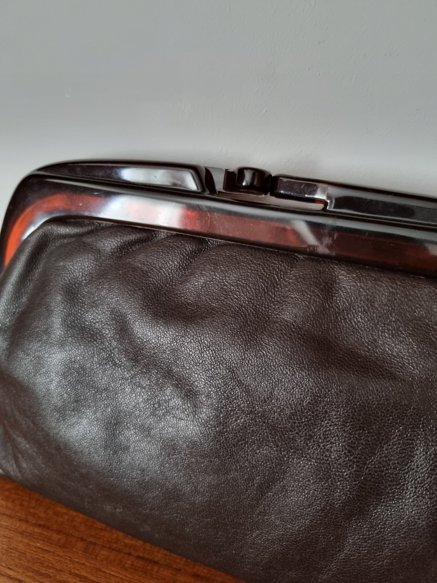Brown Leather Italian Clutch Makeup with Plastic Clasp Vintage Bag