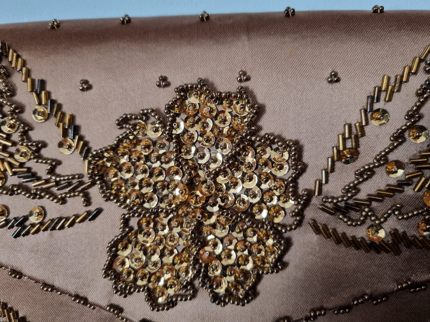 Vintage Floral Antique Brown Satin Beaded Evening Handbag