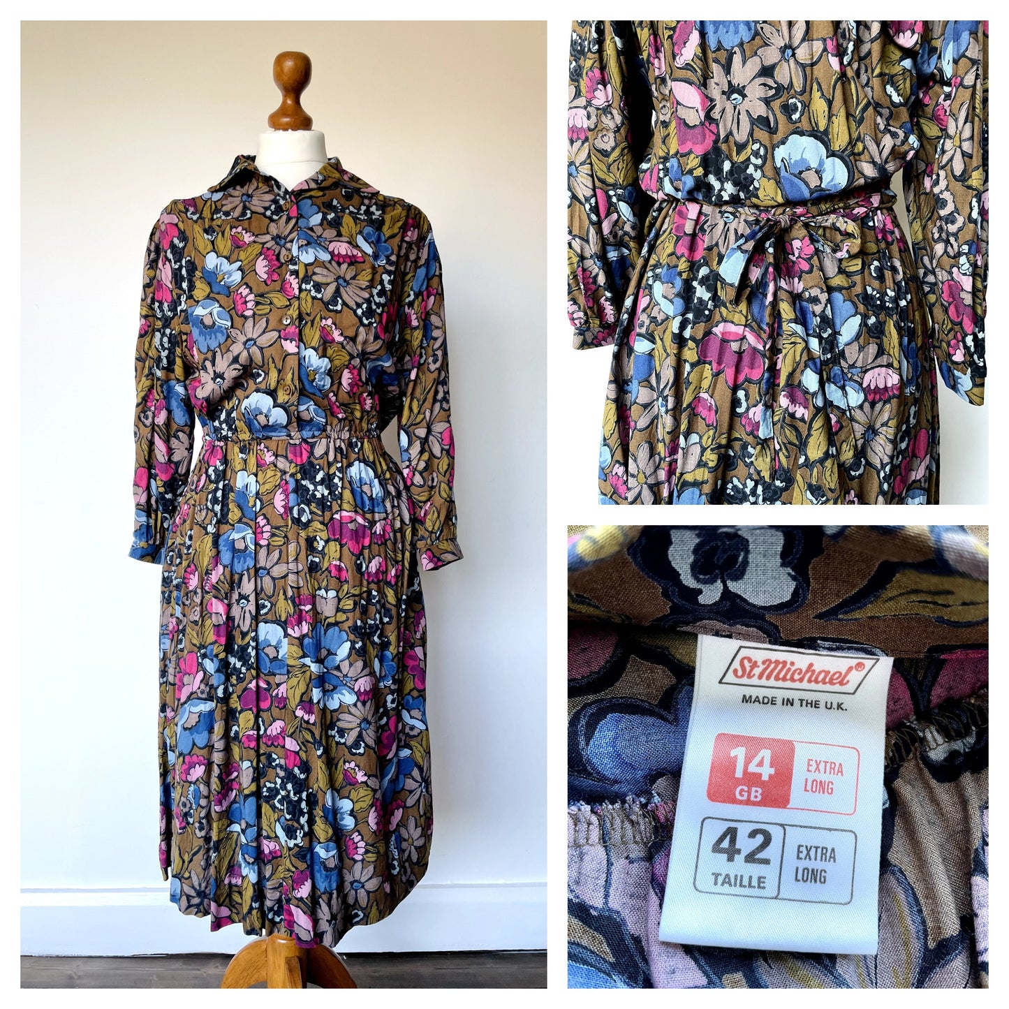 Vintage St Michael Tall Blue and Pink Floral Patterned Long Sleeve Shirt Dress