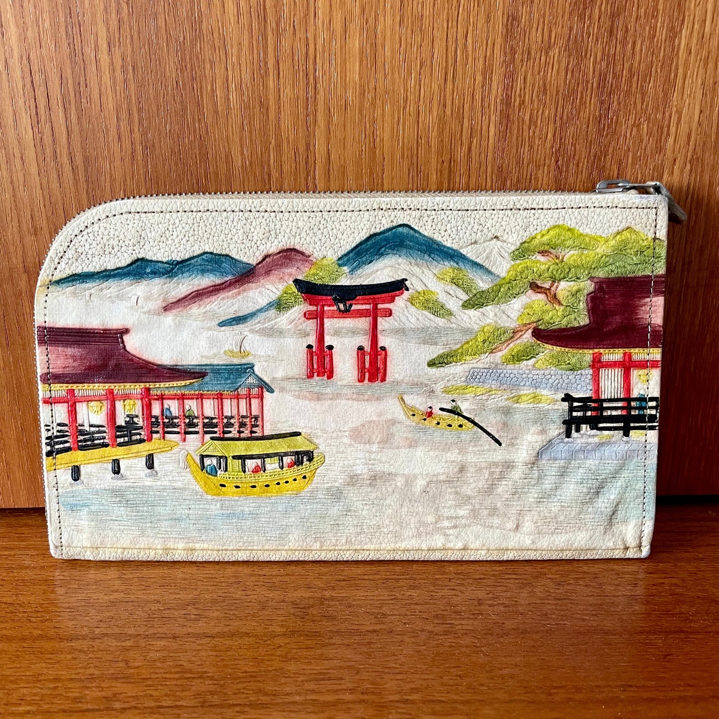 Japanese Handpainted Leather Pagoda Clutch Vintage Bag