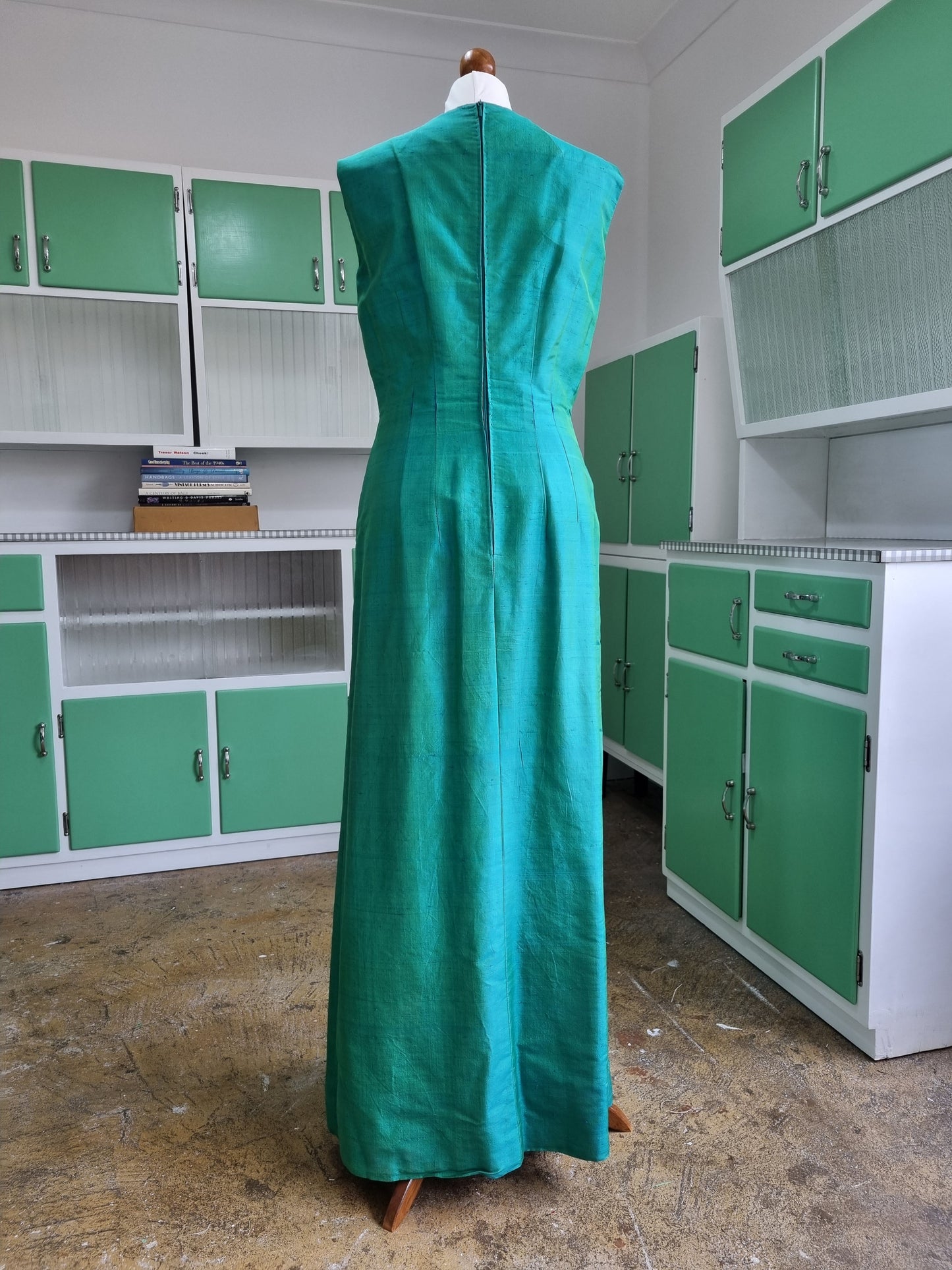 Handmade Vintage Iridescent BlueGreen Sleeveless High Neck Dress and Jacket UK 12