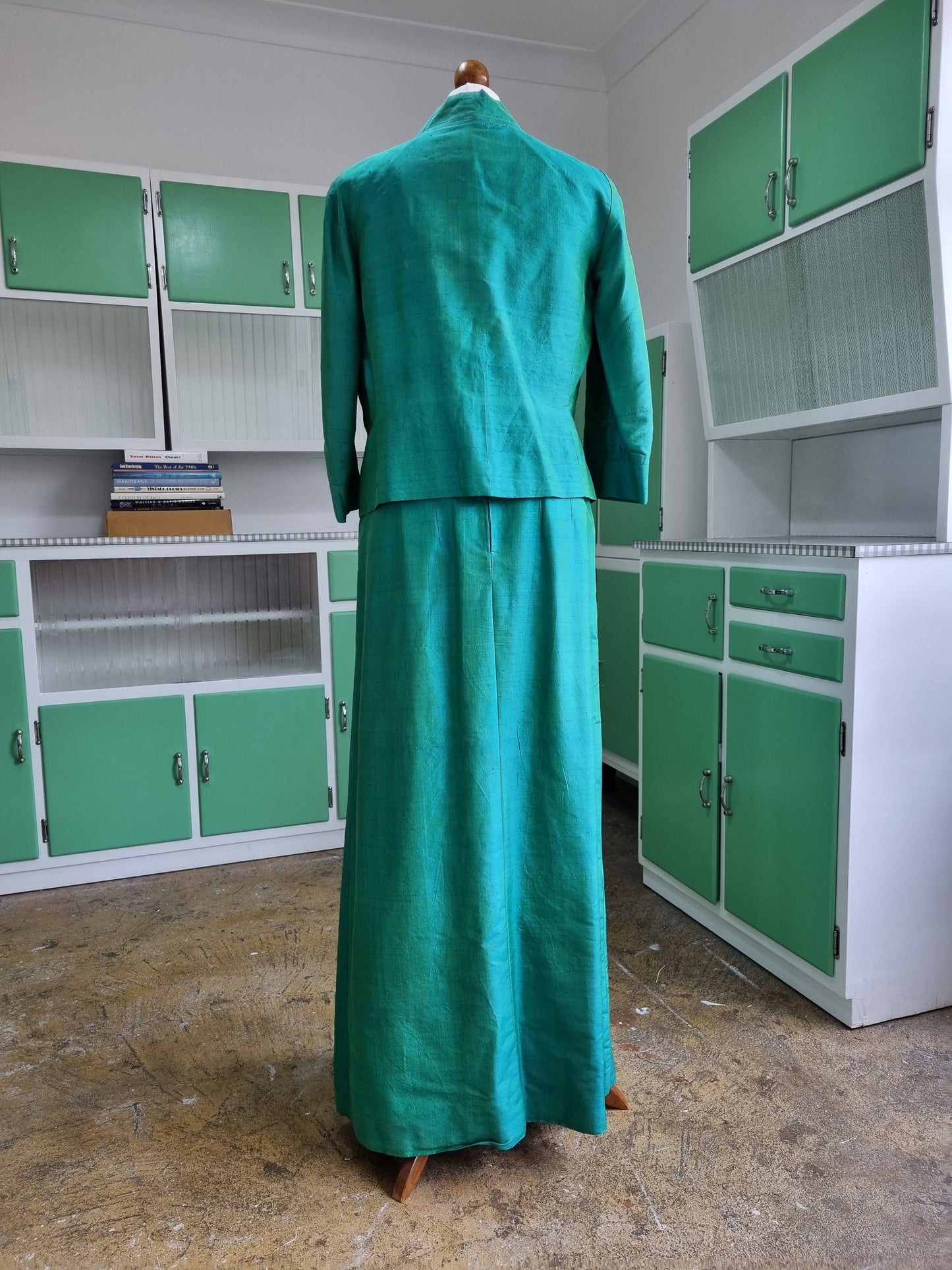 Handmade Vintage Iridescent BlueGreen Sleeveless High Neck Dress and Jacket UK 12